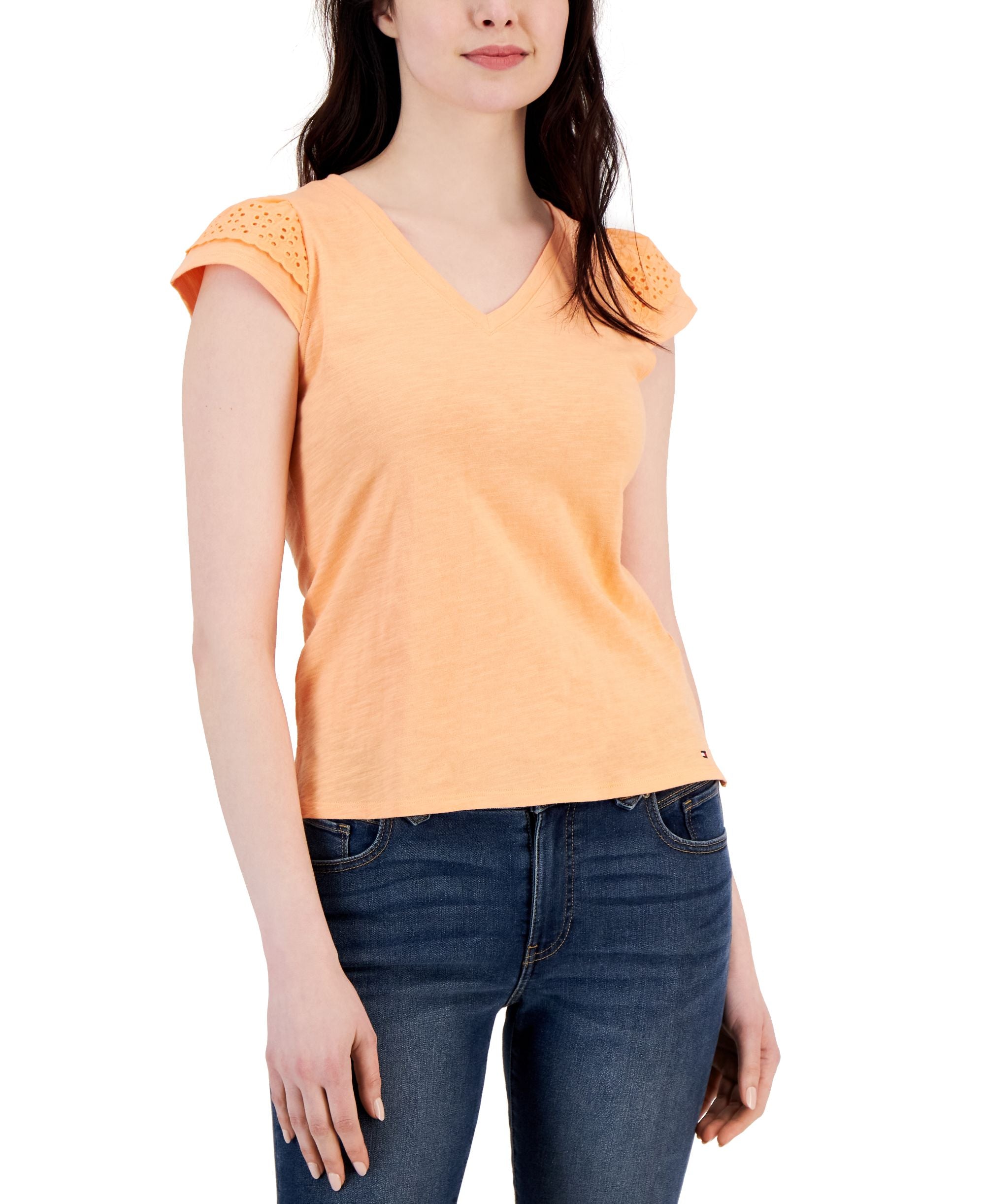 Women's Cotton Eyelet Cap-Sleeve Top