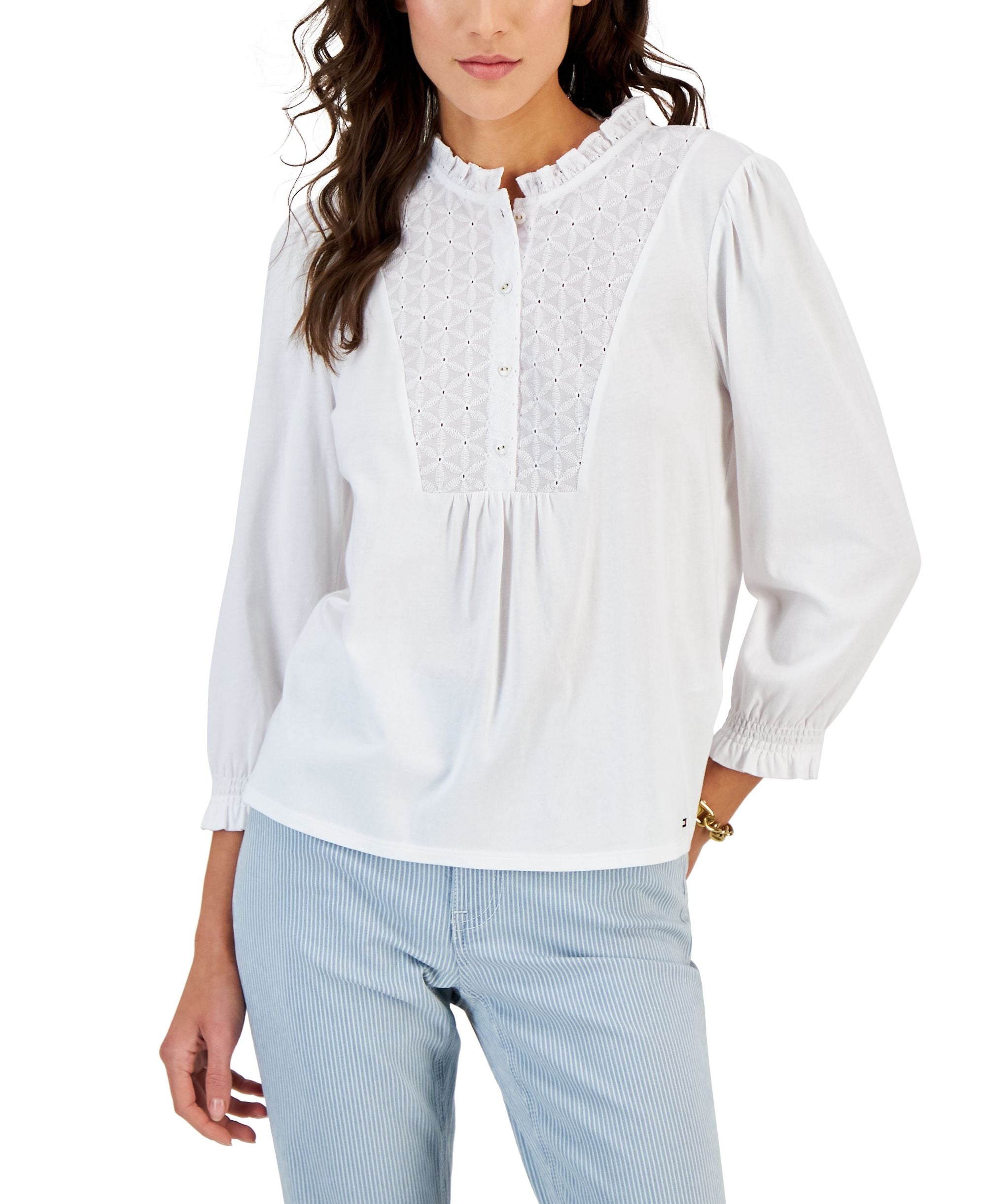 Women's Eyelet-Trimmed Mixed-Media Top