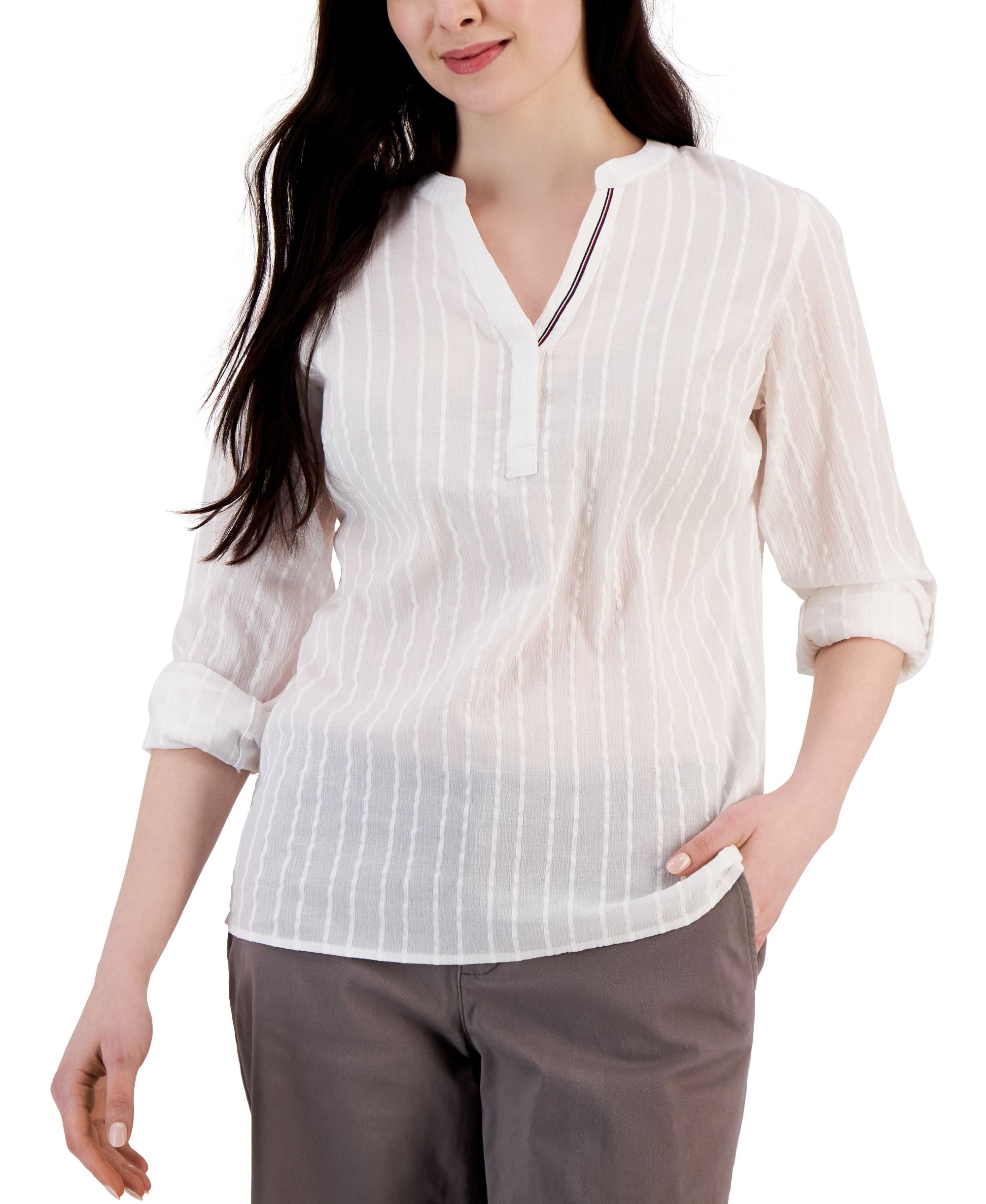 Women's Roll-Tab Textured Tunic Top