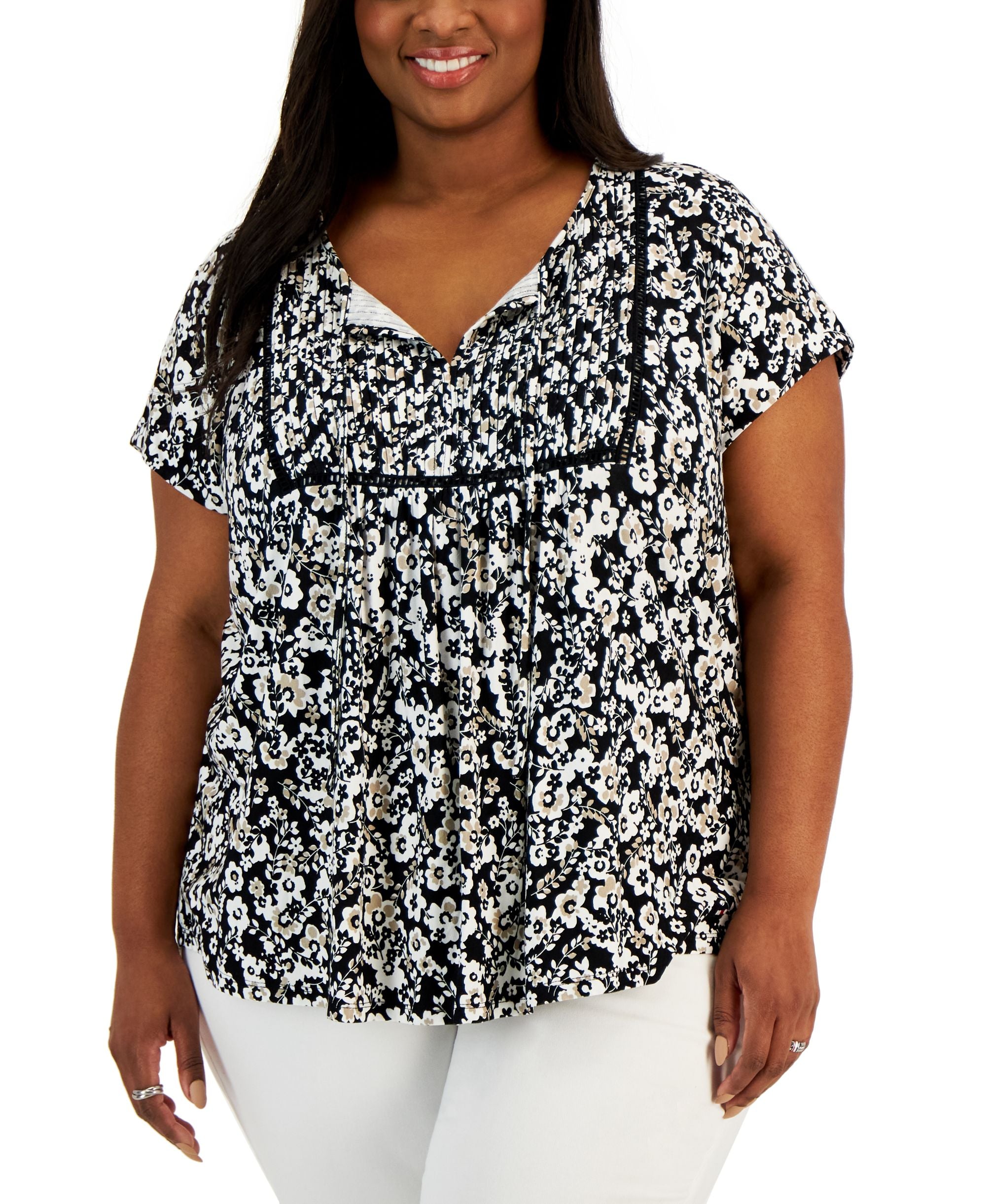 Plus Size Floral Short-Sleeve Pintuck Top