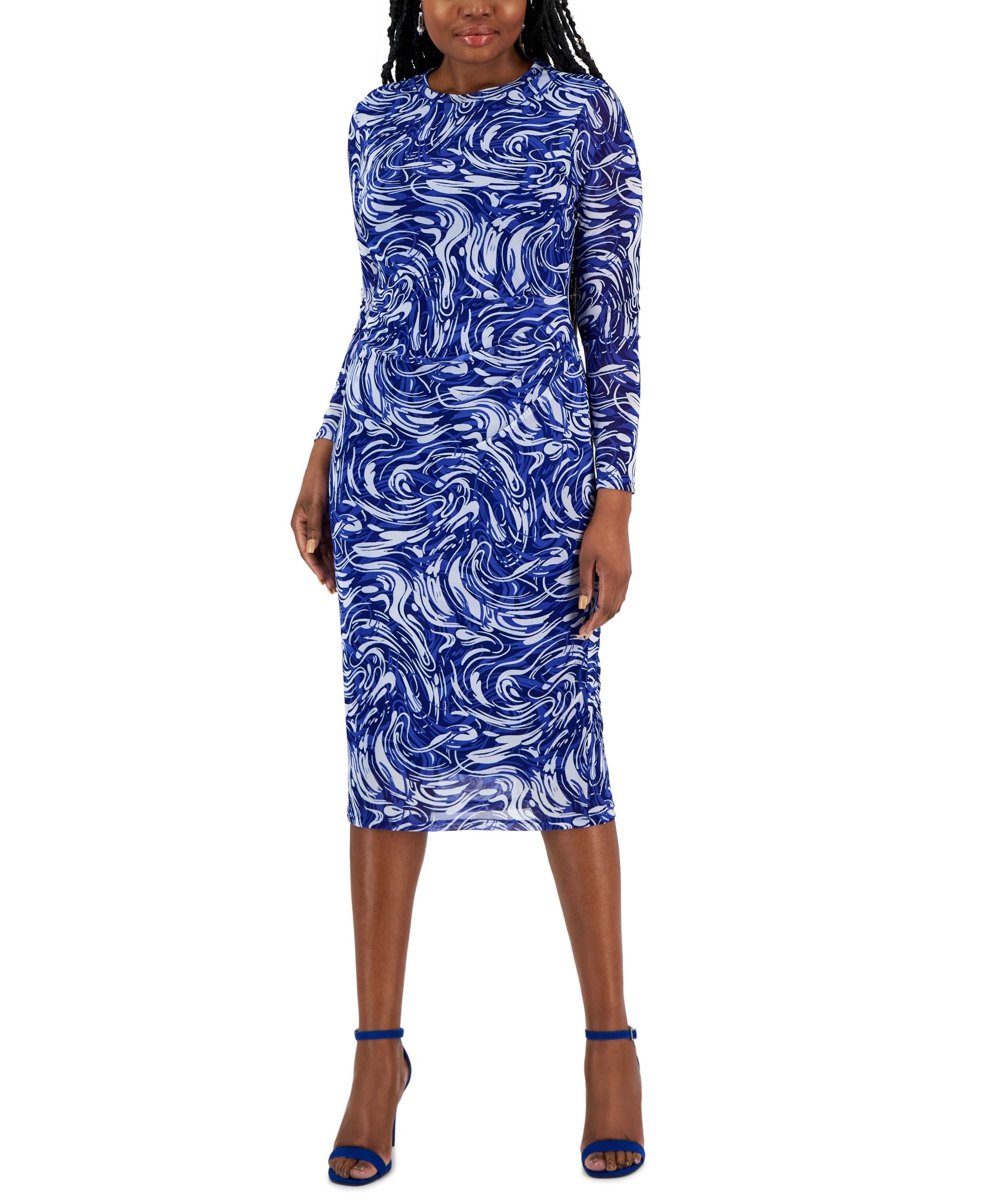Women's Printed Side-Pleated Long-Sleeve Dress
