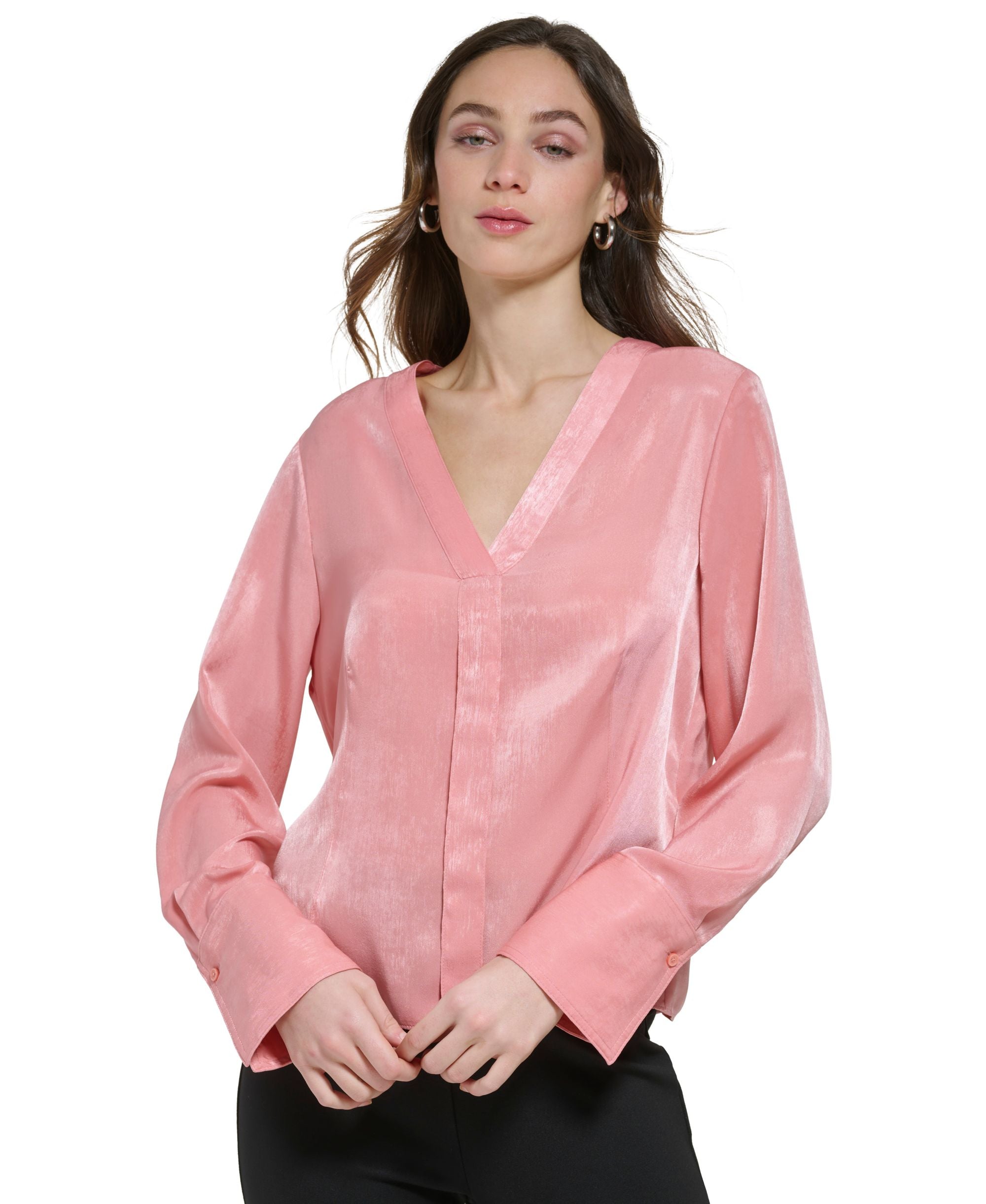 Women's V-Neck Pleat-Front Long-Sleeve Top
