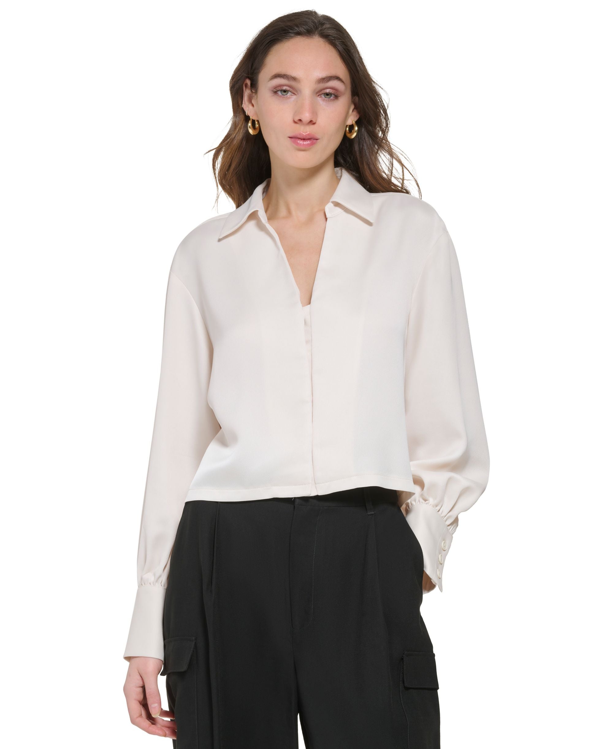 Women's Split-Neck Long-Sleeve Cropped Satin Top