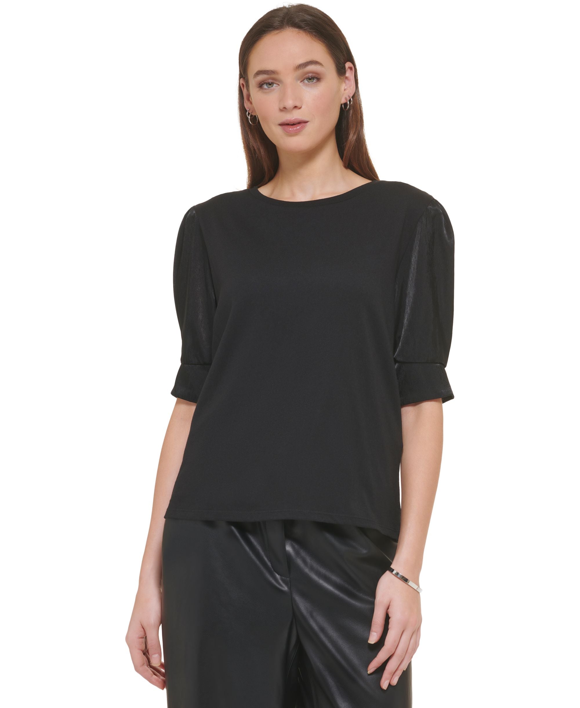 Women's Crewneck Contrast-Elbow-Sleeve Knit Top