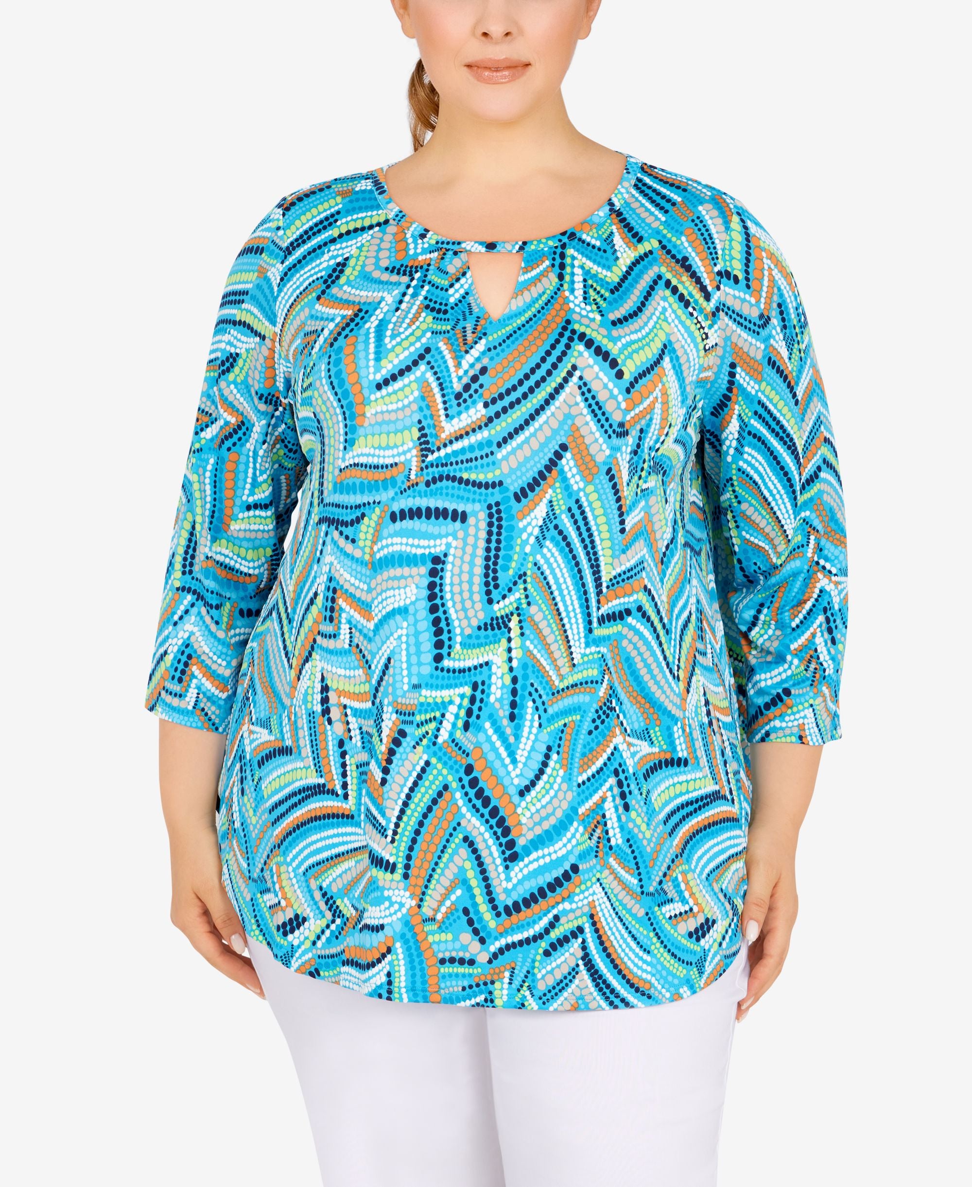 Plus Size Geometric Leaves Puff Print Knit Top