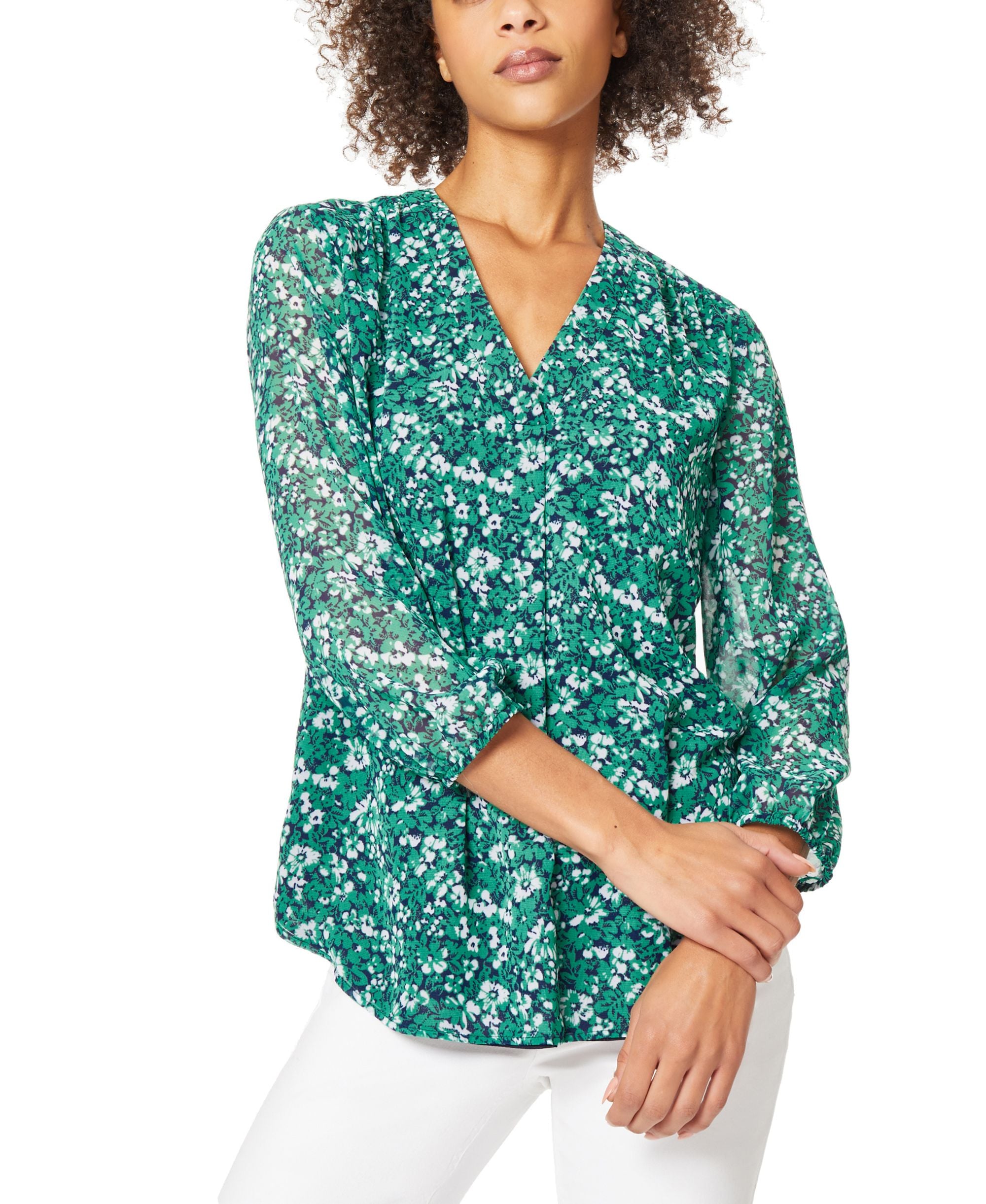 Women's V-Neck Pleat Front Tunic With Elastic Cuff Sleeves Top