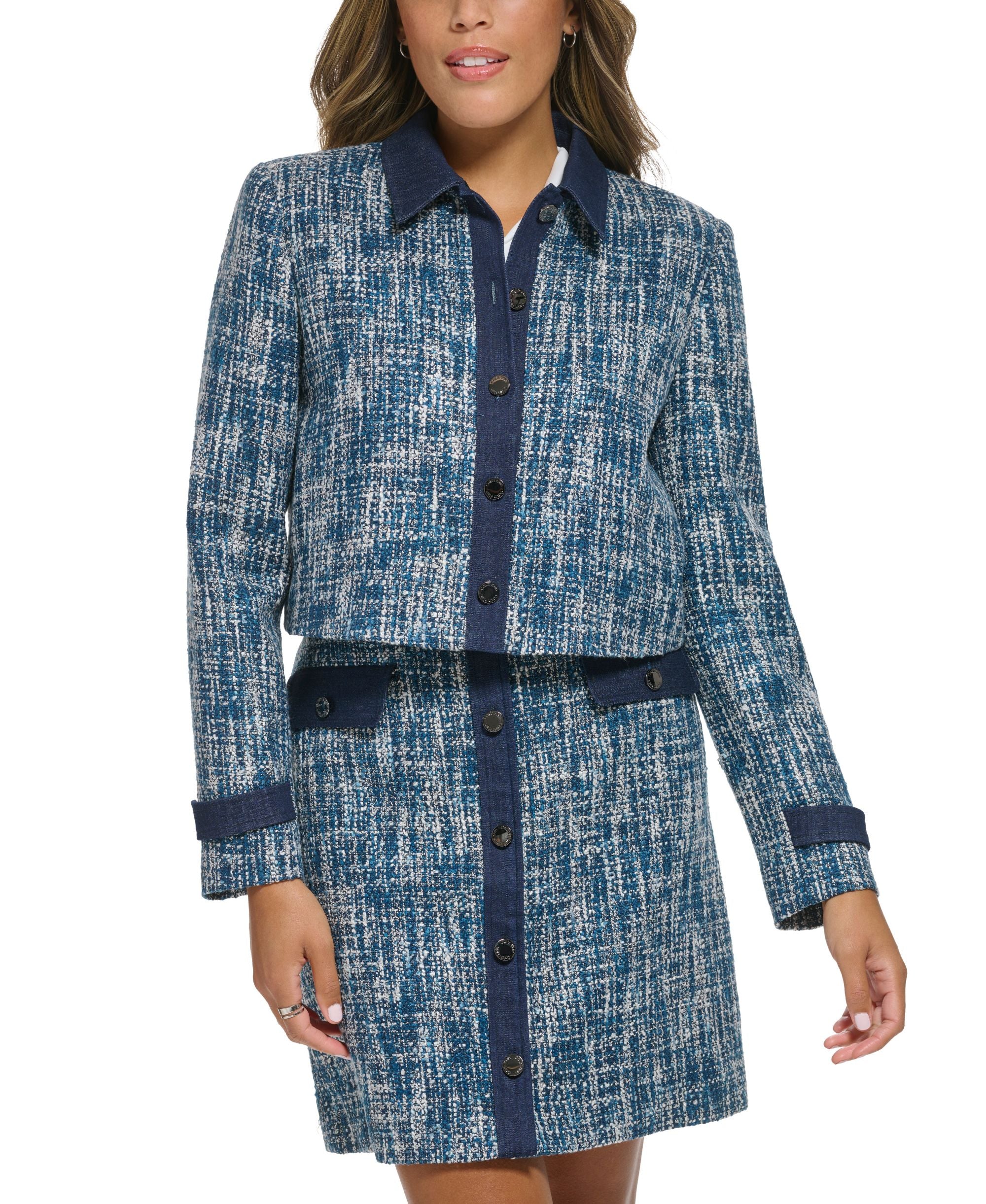 Petite Tweed Button-Front Cropped Blazer