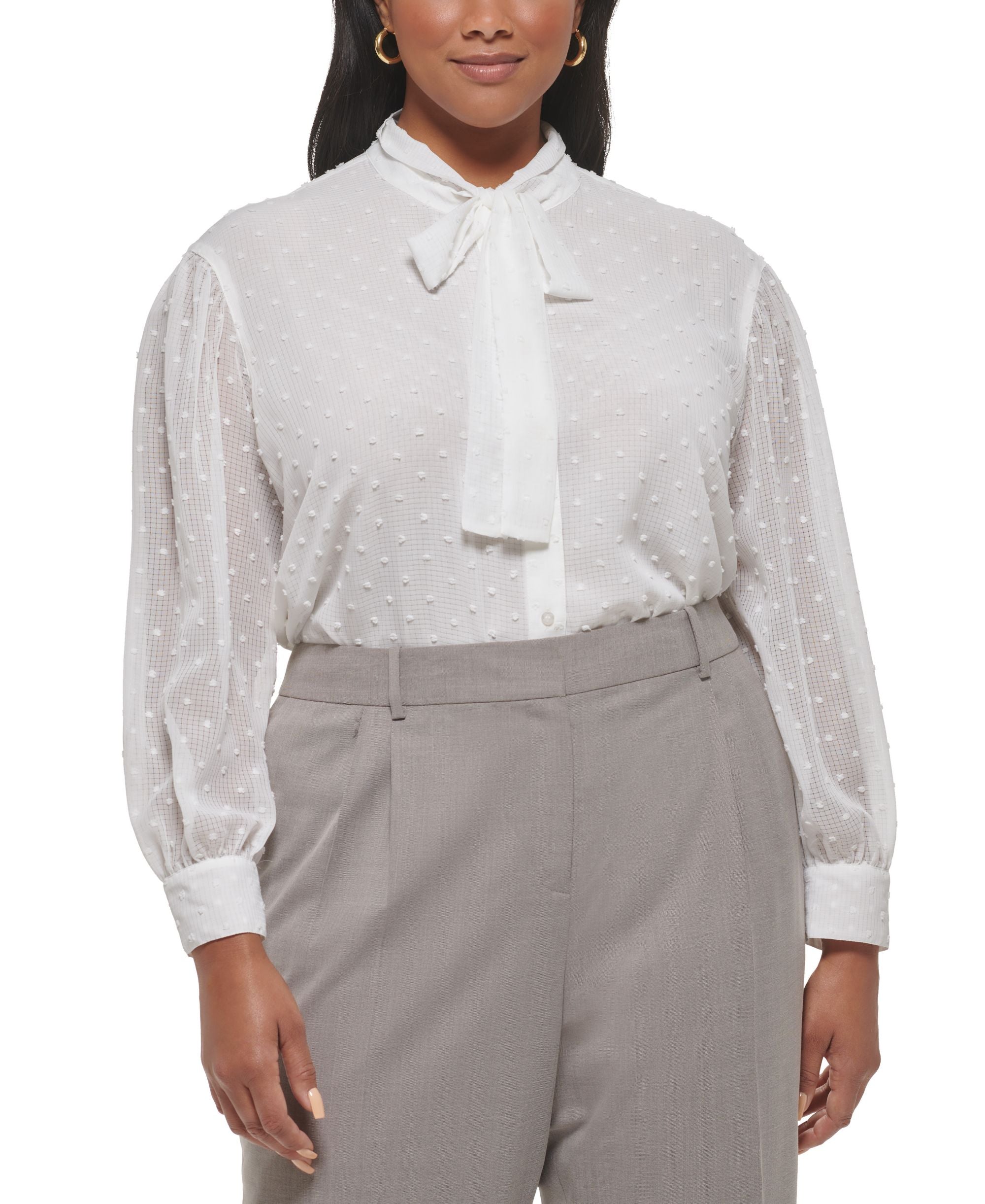 Plus Size Tie-Neck Clip-Dot Long-Sleeve Top