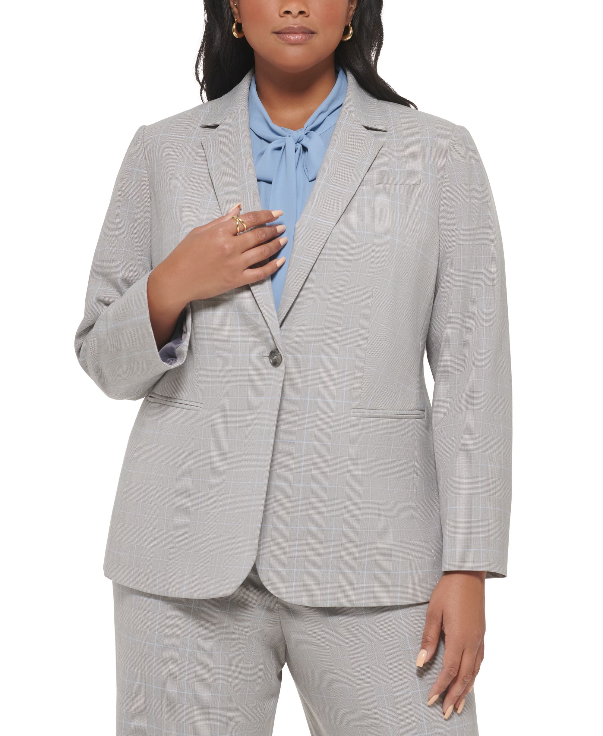 Plus Size Plaid One-Button Long-Sleeve Jacket