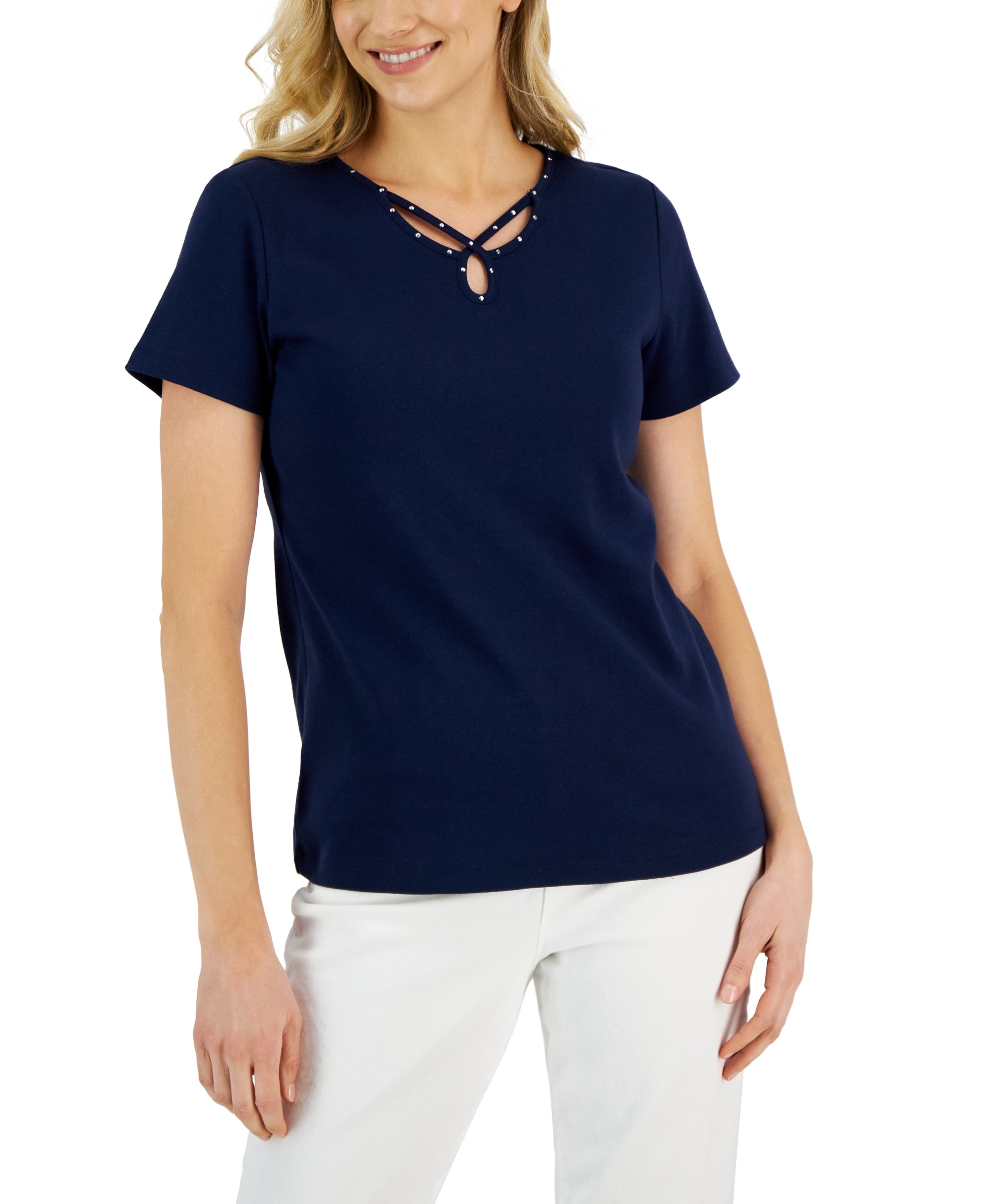 Women's Cotton Rhinestone Keyhole Short-Sleeve Top