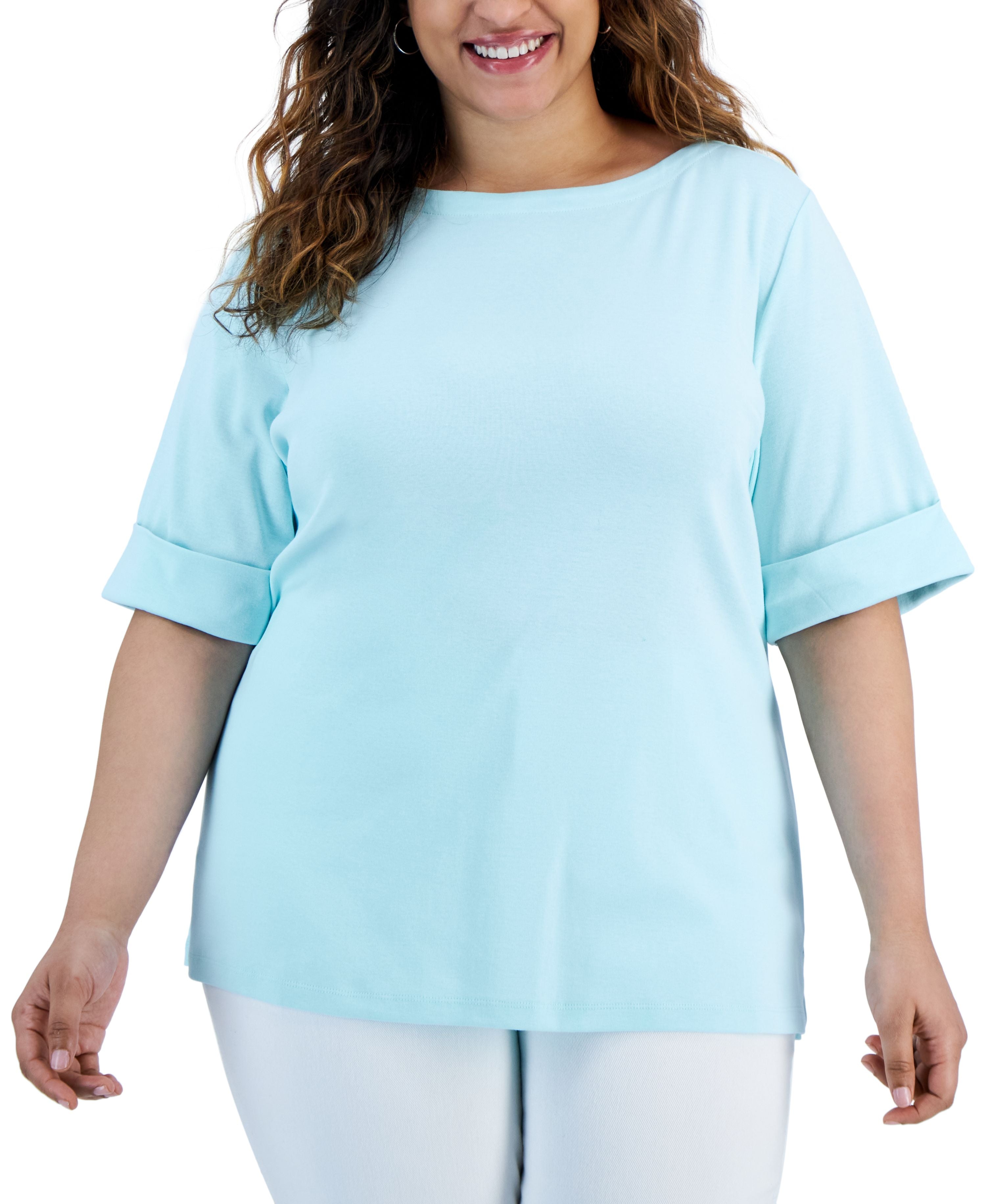 Plus Size Cotton Elbow-Sleeve Top