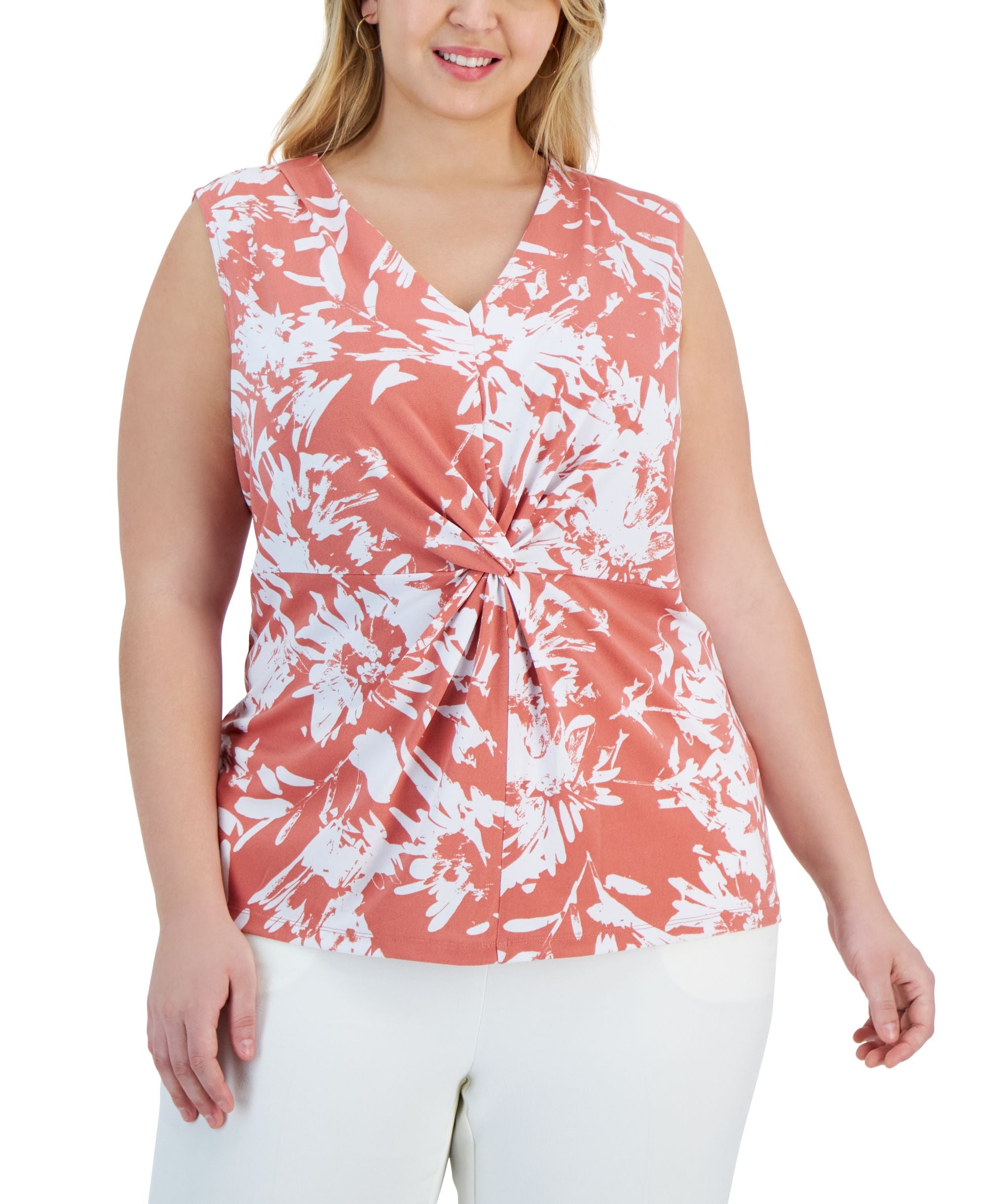 Alfani Plus Size Printed Twist Front Sleeveless Top