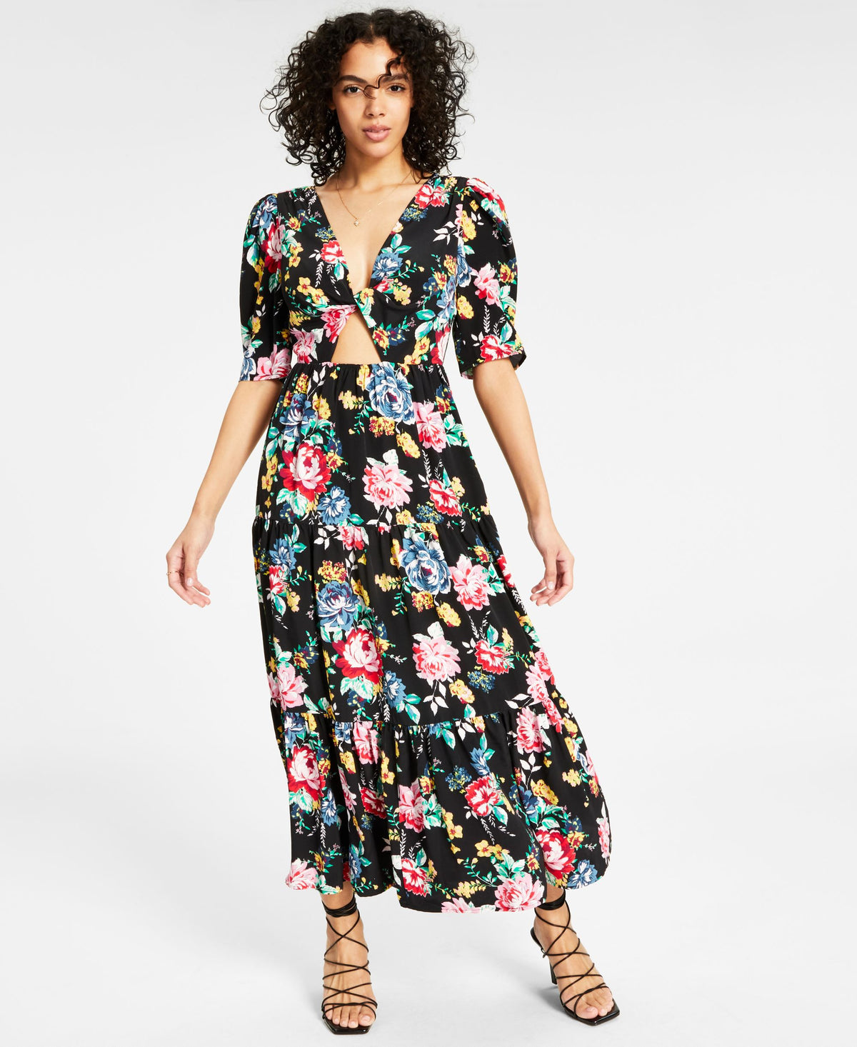 Women's Printed Twist-Front Cut-Out Tiered Keyhole Midi Dress