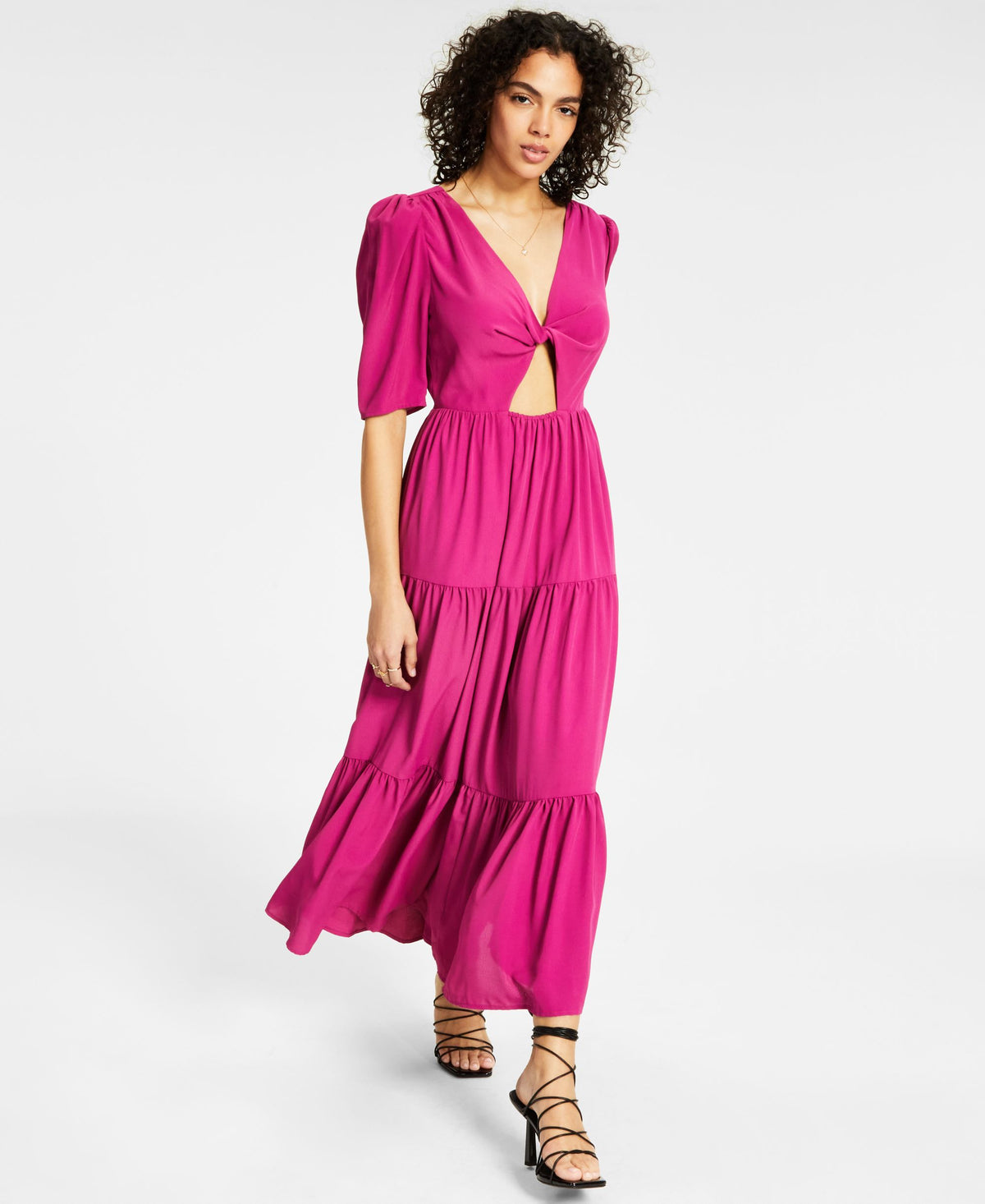 Women's Printed Twist-Front Cut-Out Tiered Keyhole Midi Dress
