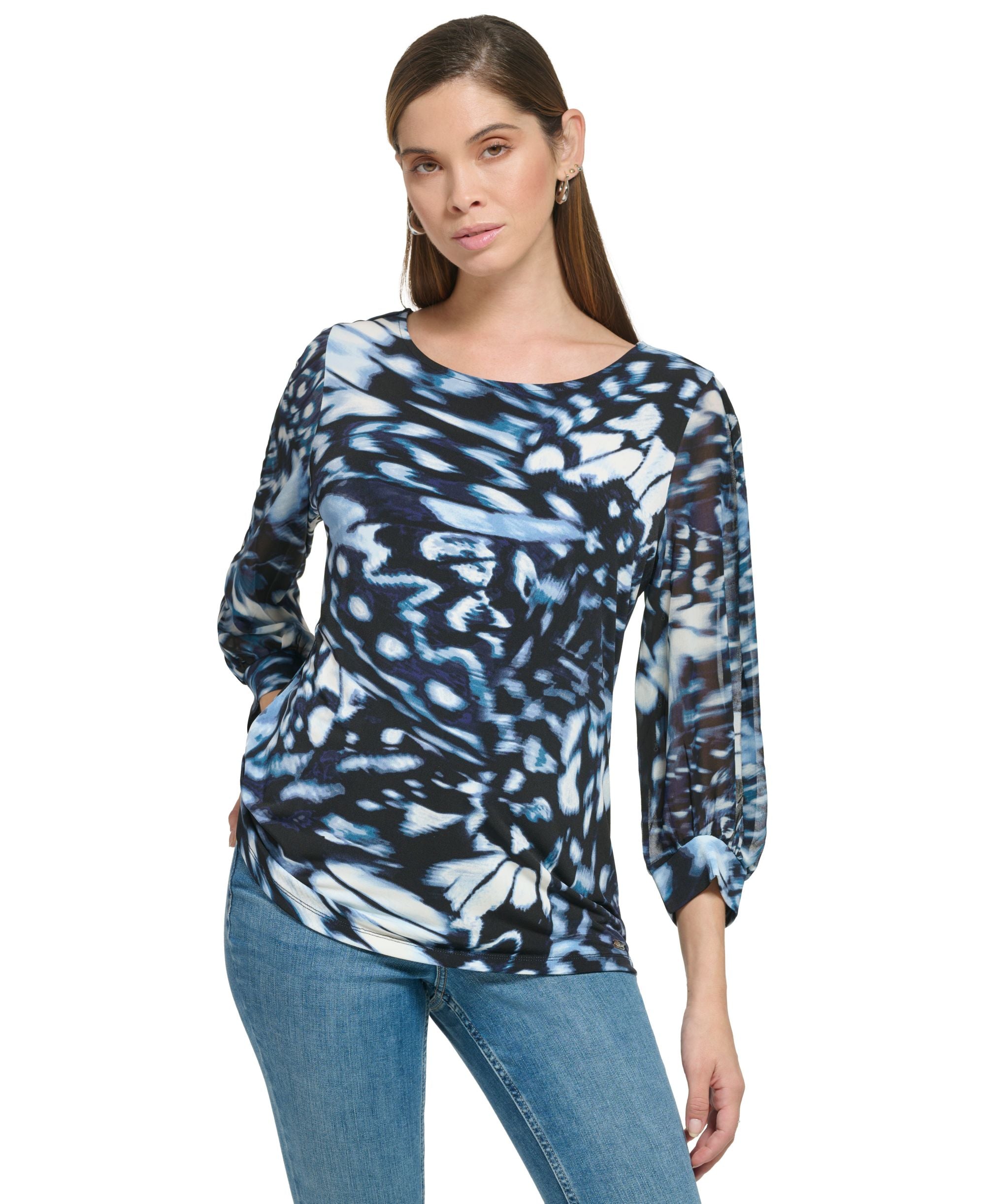 Women's Printed Mixed-Media 3/4-Sleeve Top