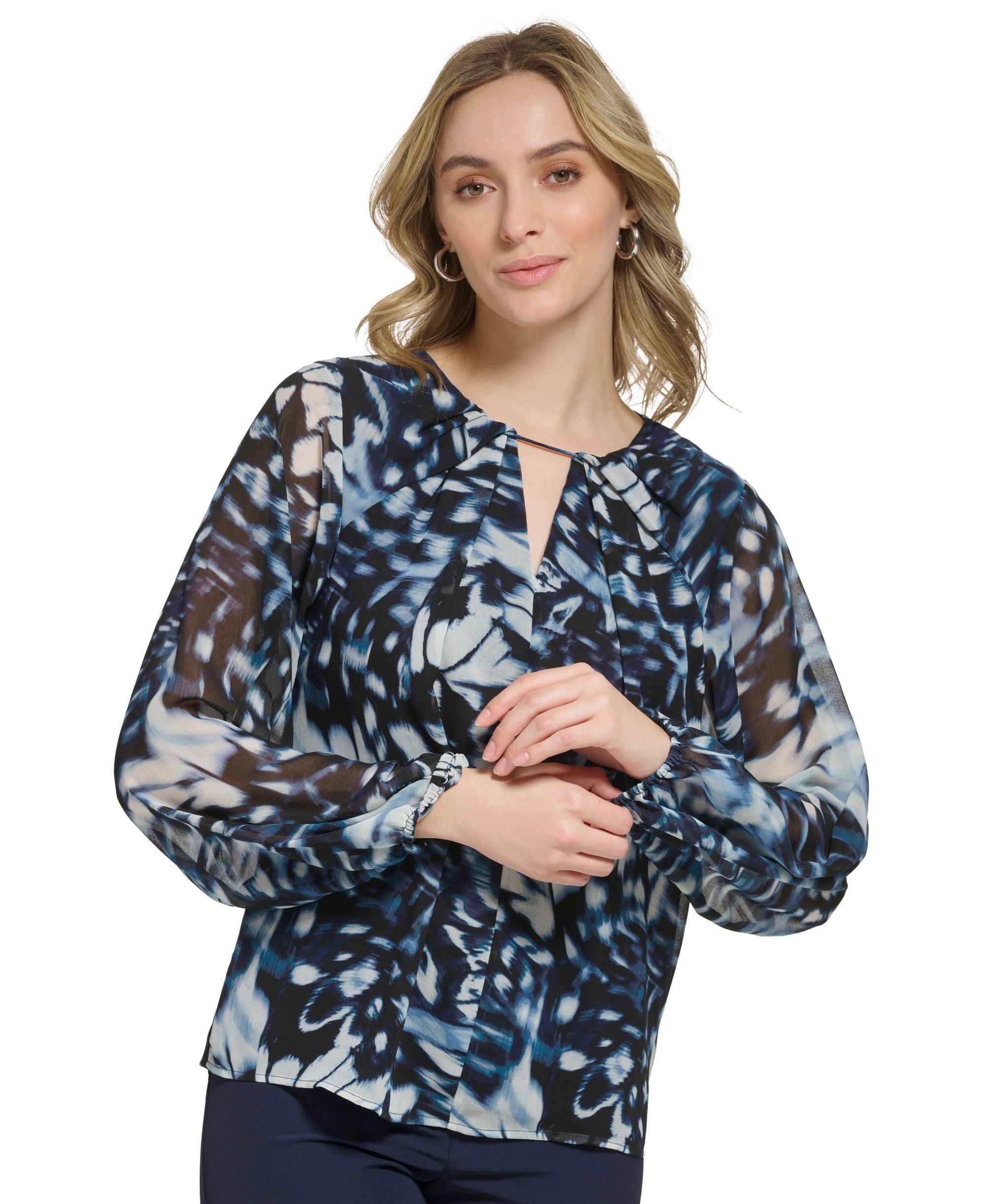 Women's Printed Keyhole-Neck Blouse
