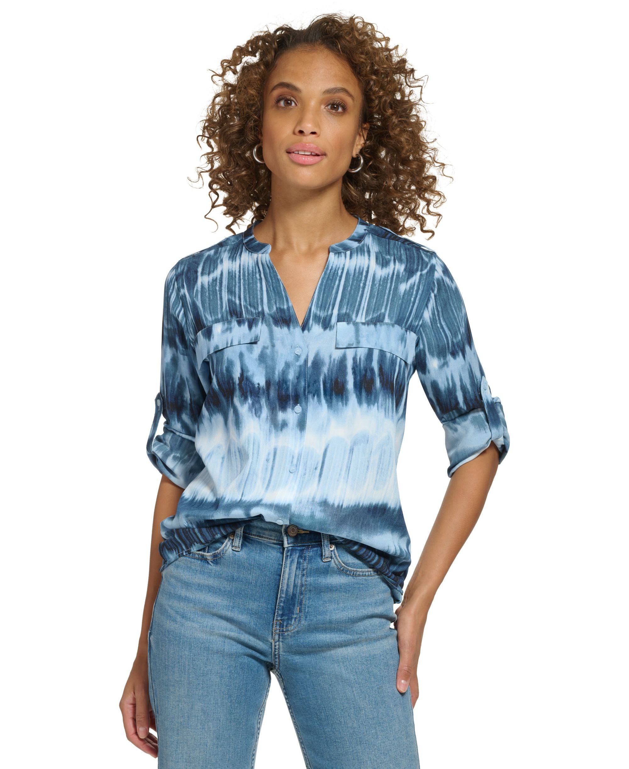 Women's Printed Split-Neck Roll-Tab Shirt