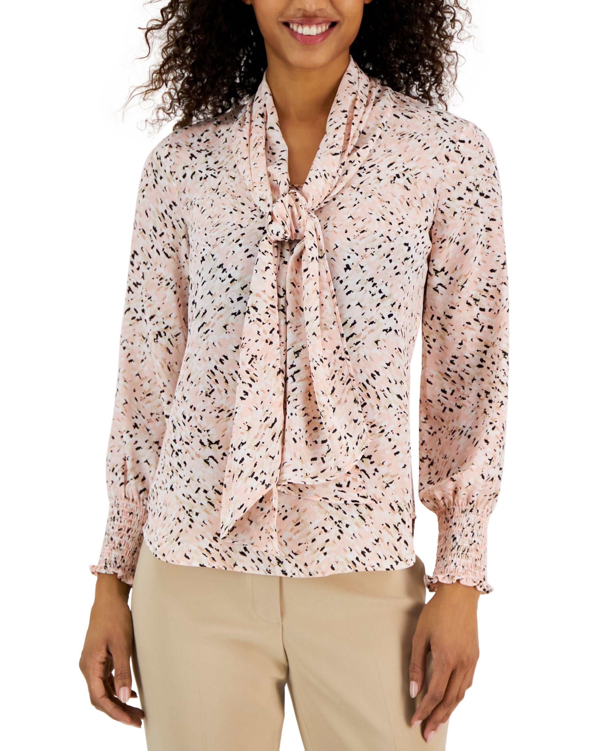 Women's Abstract-Print Tie-Neck Smocked-Cuff Blouse