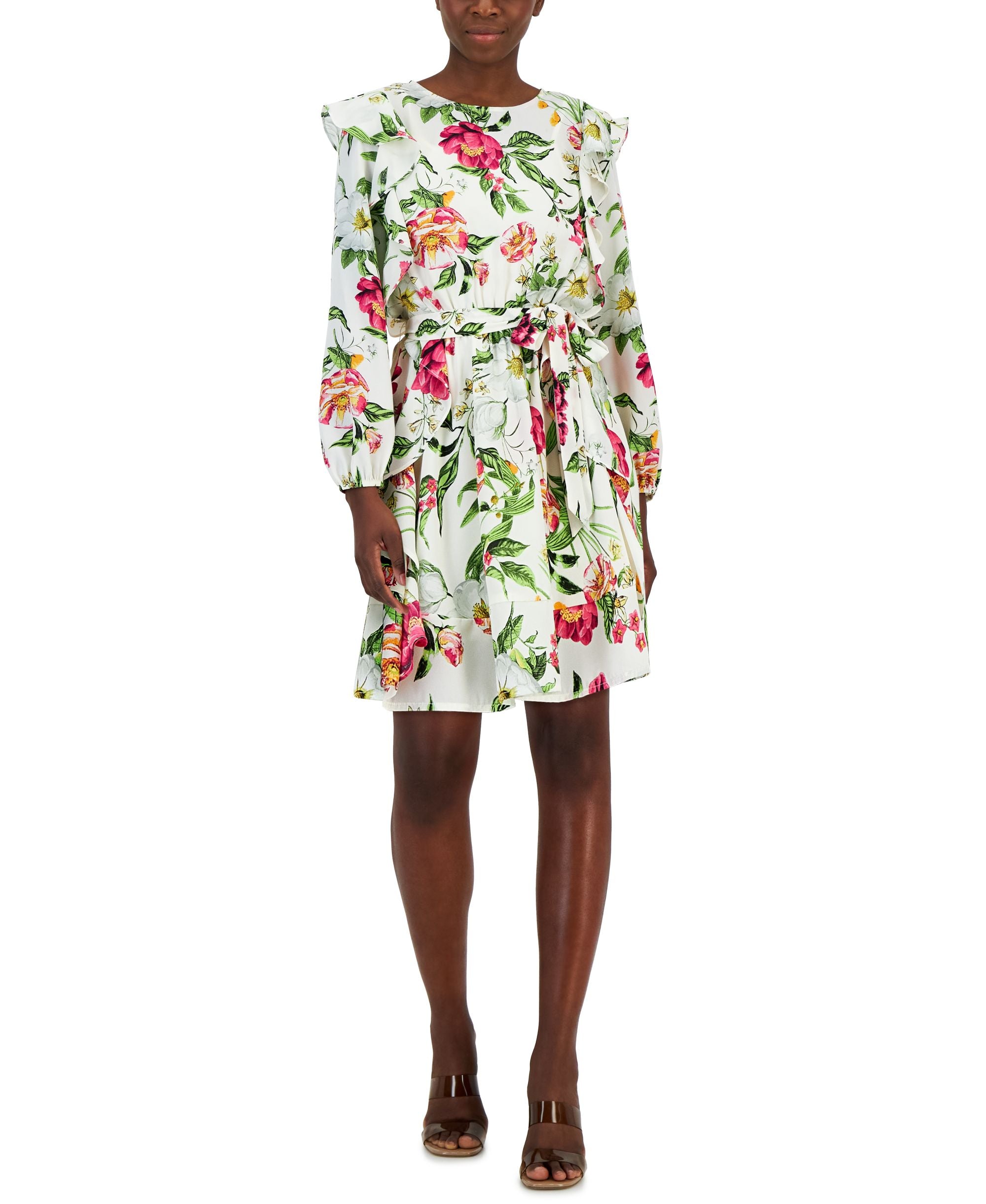 Petite Floral-Print Ruffled Tie-Waist Mini Dress