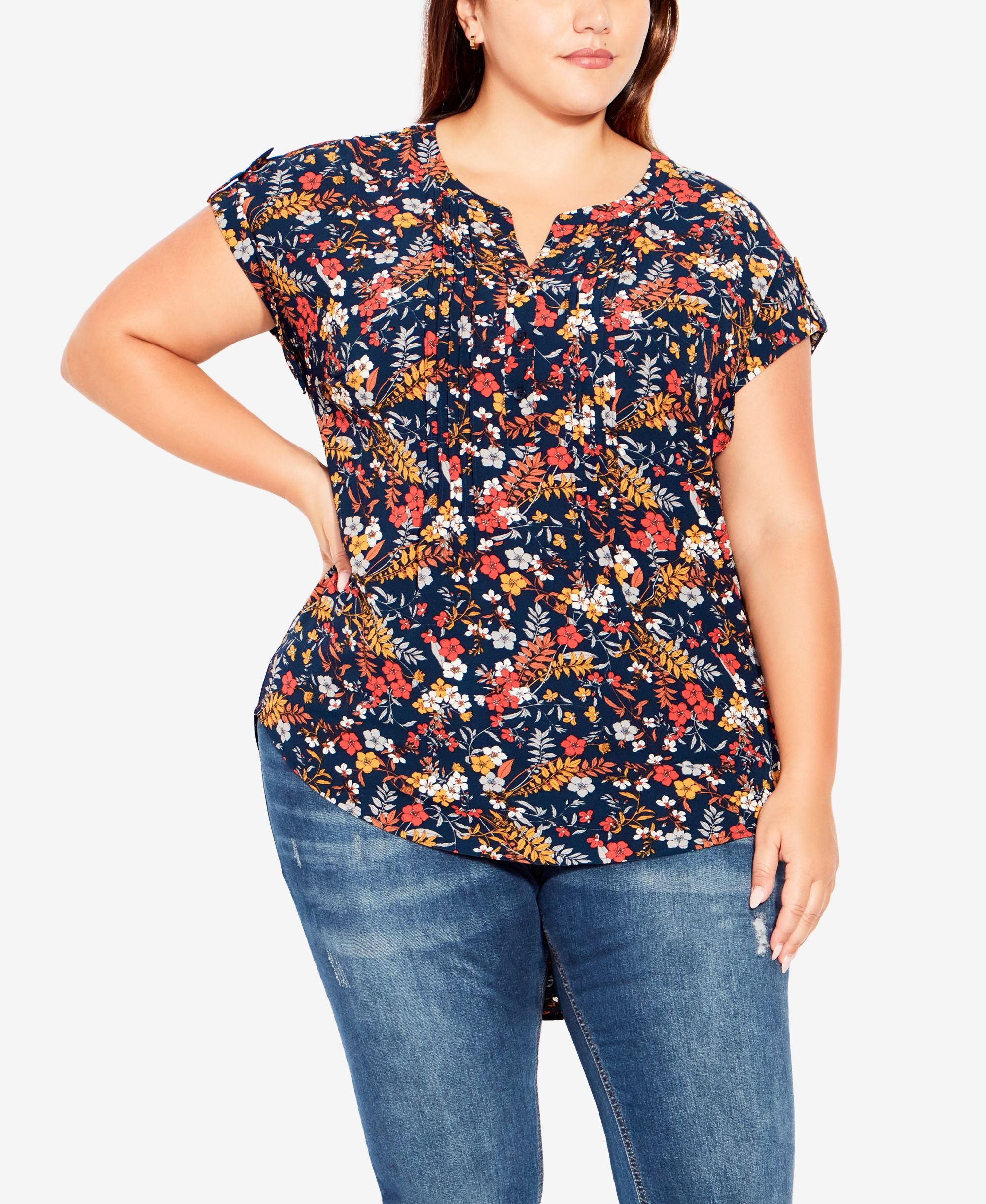 Plus Size Button Pleat Print Top