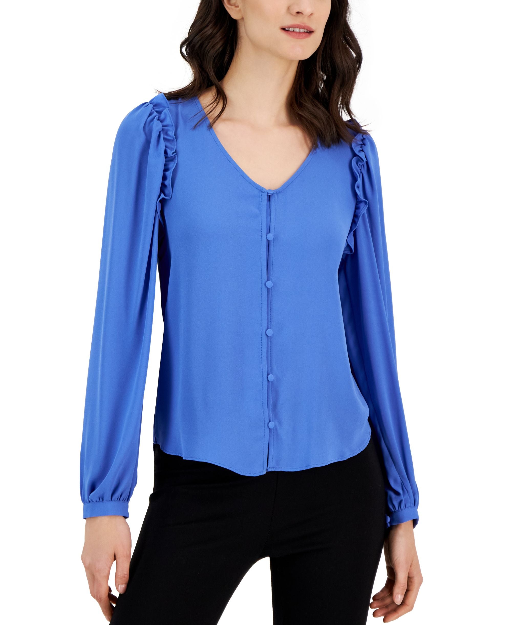 Women's V-Neck Ruffled-Shoulder Button-Front Top