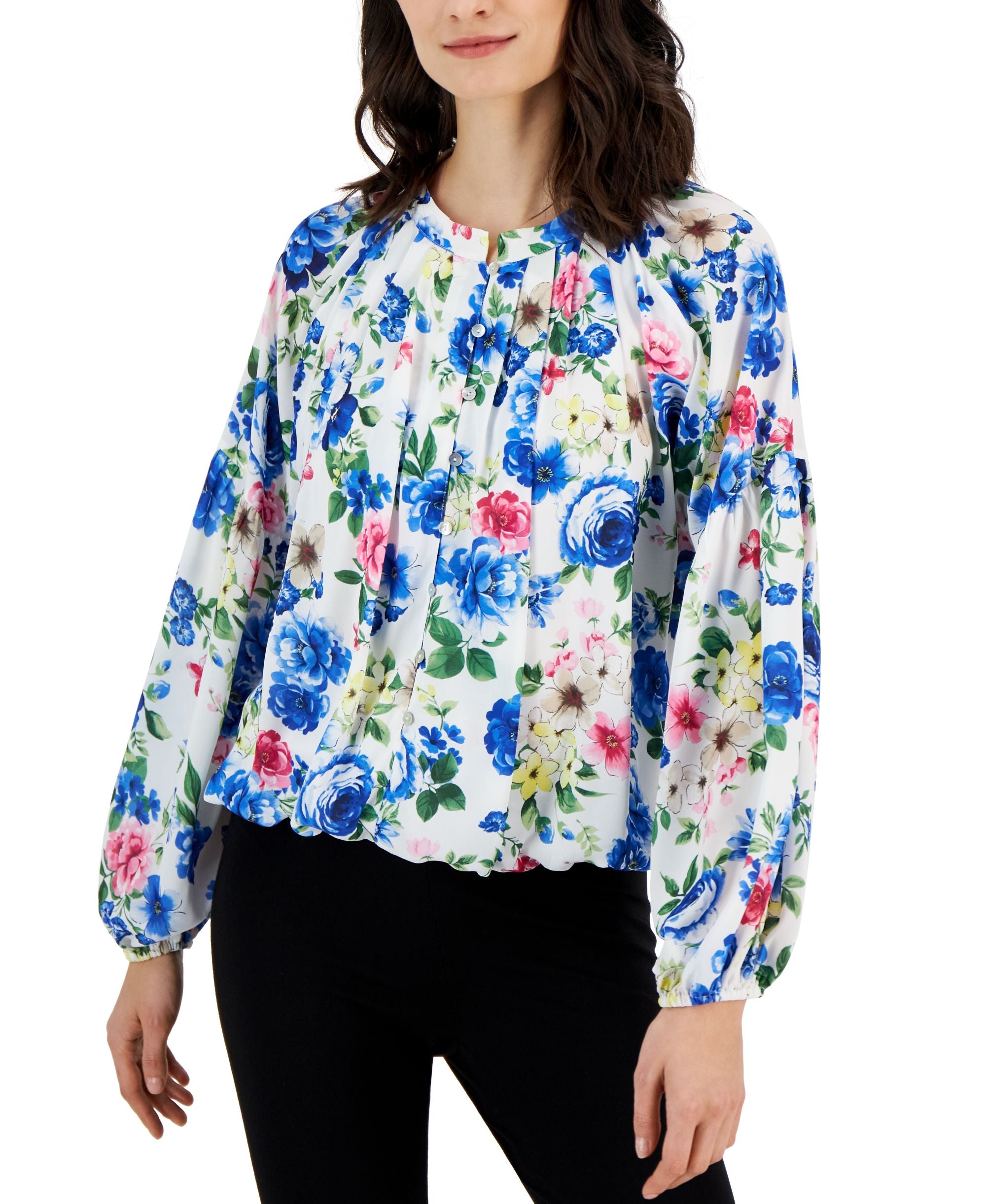 T Tahahi Women's Floral-Print Pleated Top