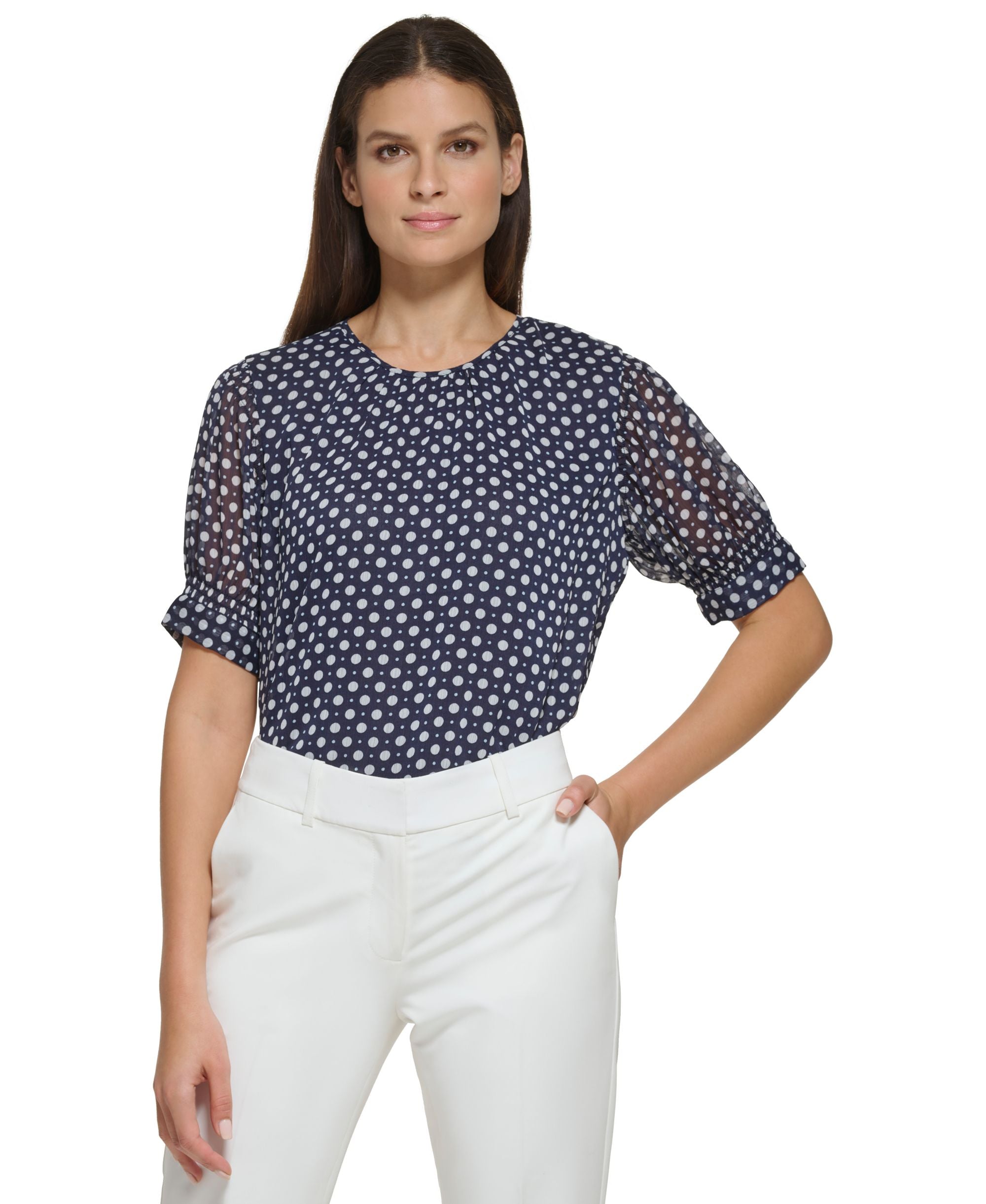 Women's Dot-Print Sheer-Puff-Sleeve Top
