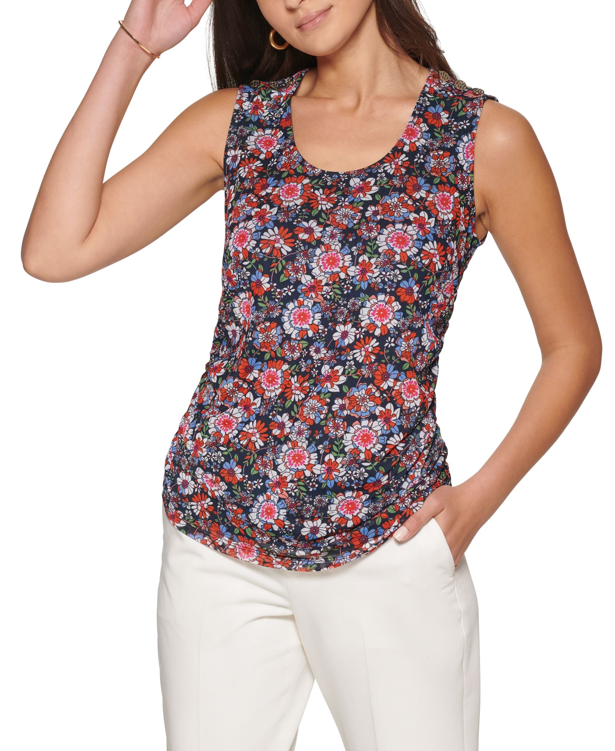 Women's Floral-Print Sleeveless Mesh Knit Top