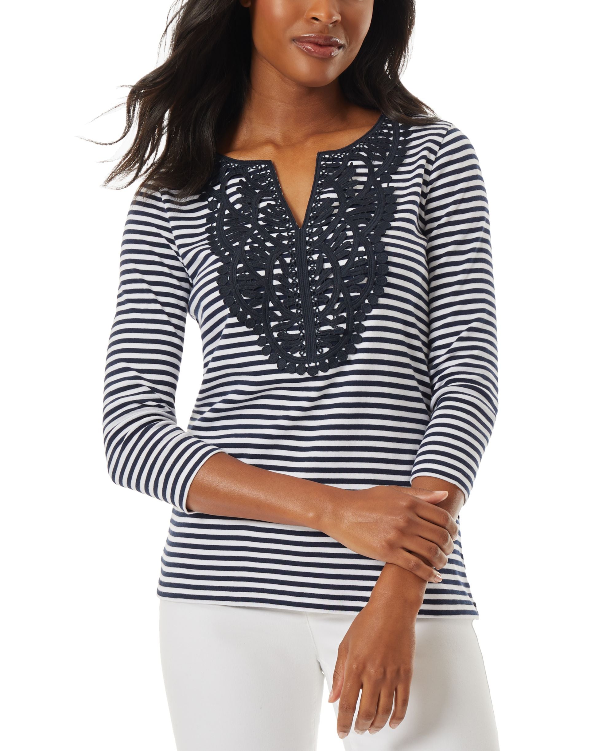 Women's Striped Lace-Trim 3/4-Sleeve Top