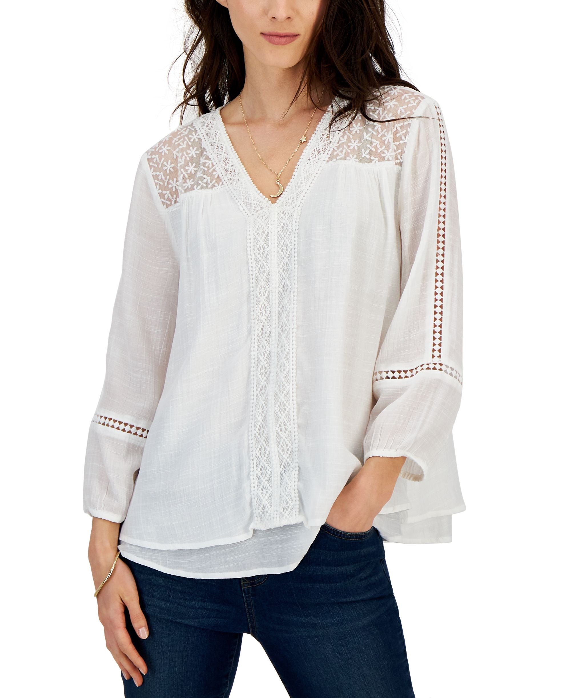 Style & Co Petite V Neck Lace Trim Top