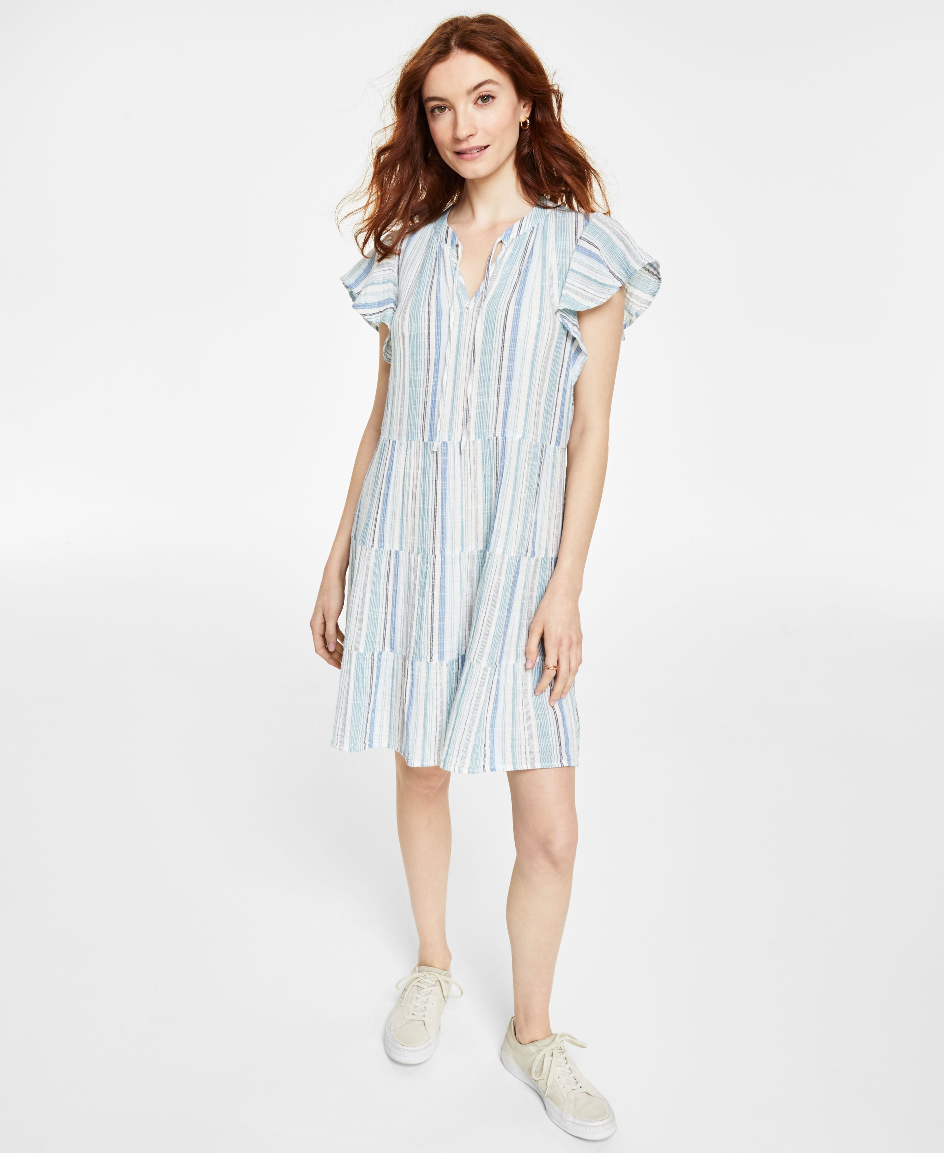 Petite Cotton Gauze Tie-Neck Tiered Dress