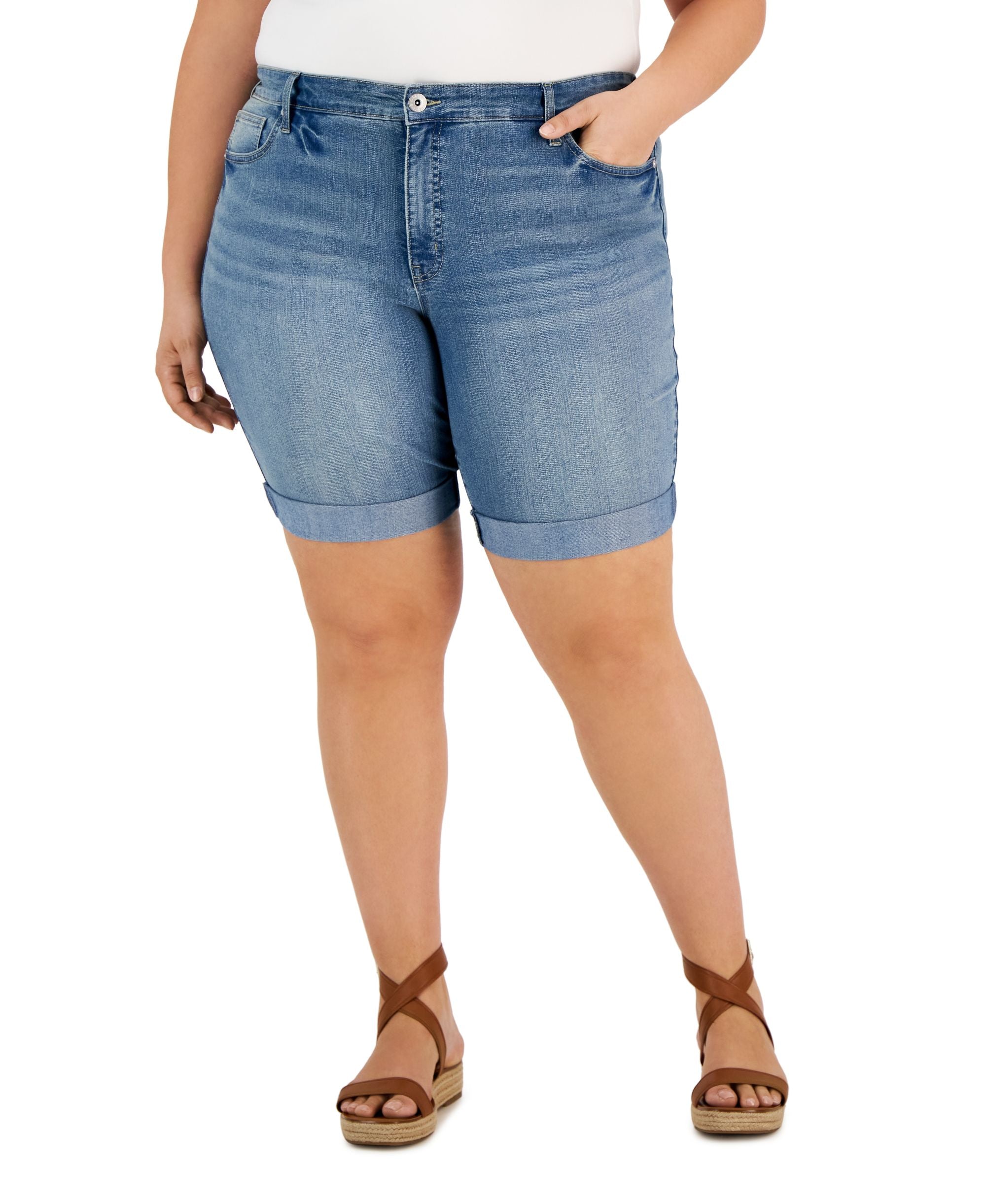 Plus Size Cuffed Denim Bermuda Shorts