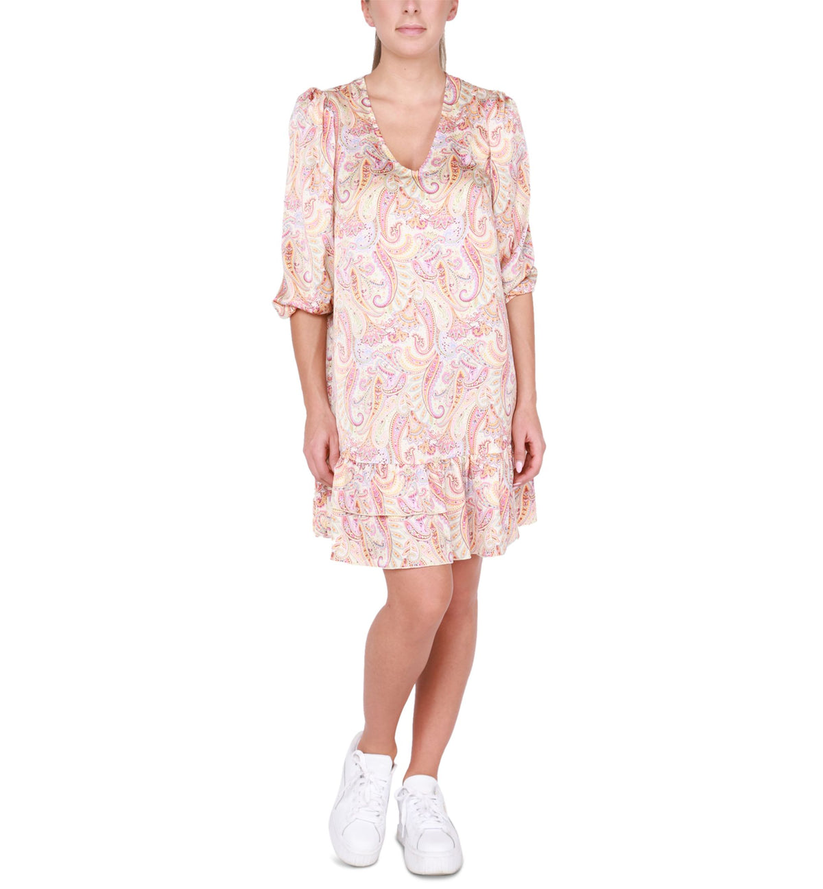 Light Satin V-Neck Ruffled-Hem Mini Dress