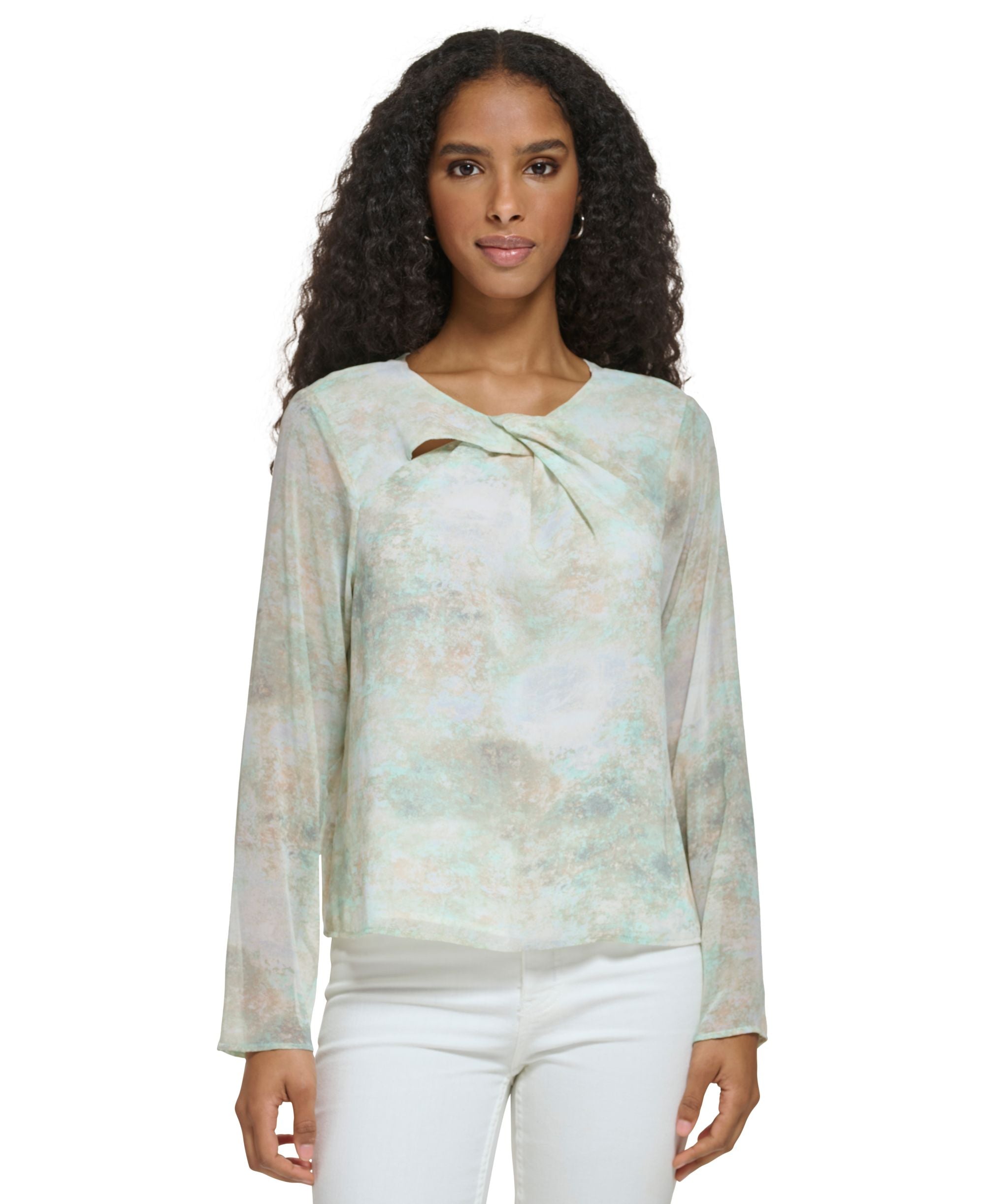 Women's Long Sleeve Printed Twist Neck Chiffon Blouse