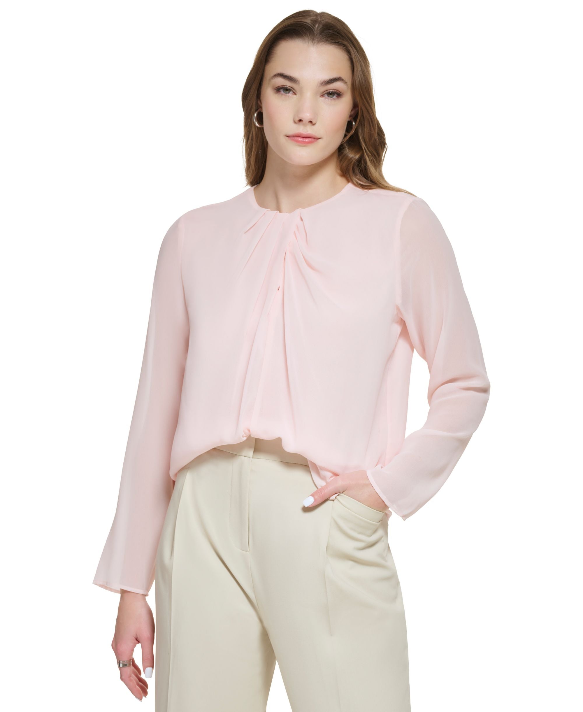 Women's Long Sleeve Twist Neck Chiffon Blouse