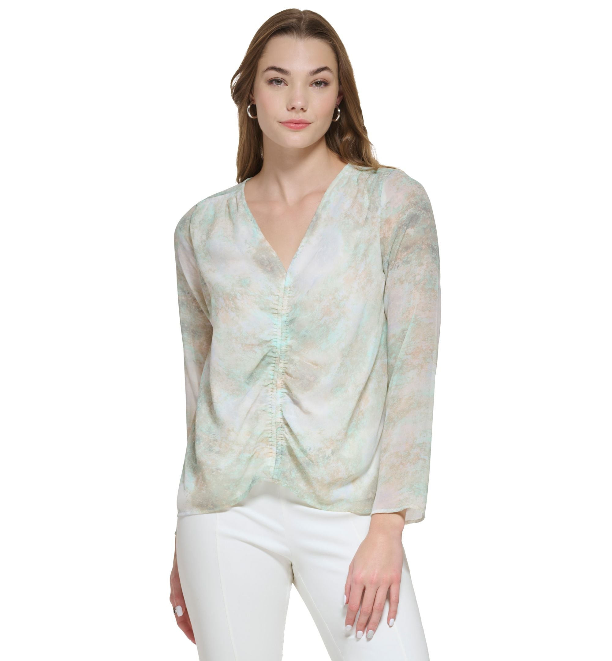 Women's Long Sleeve Printed V-Neck Blouse