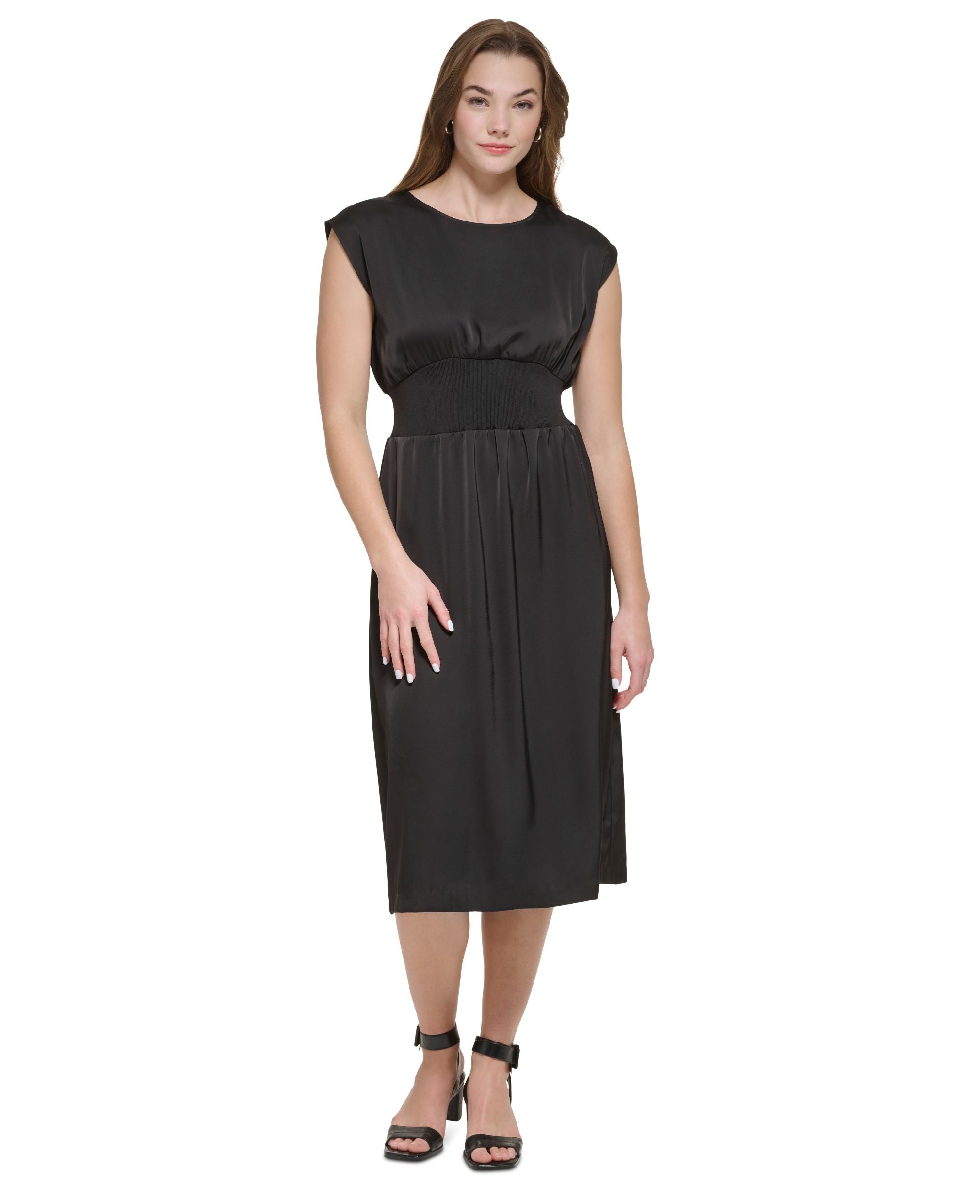 Women's Cinch Waist Sleeveless Satin Midi Dress