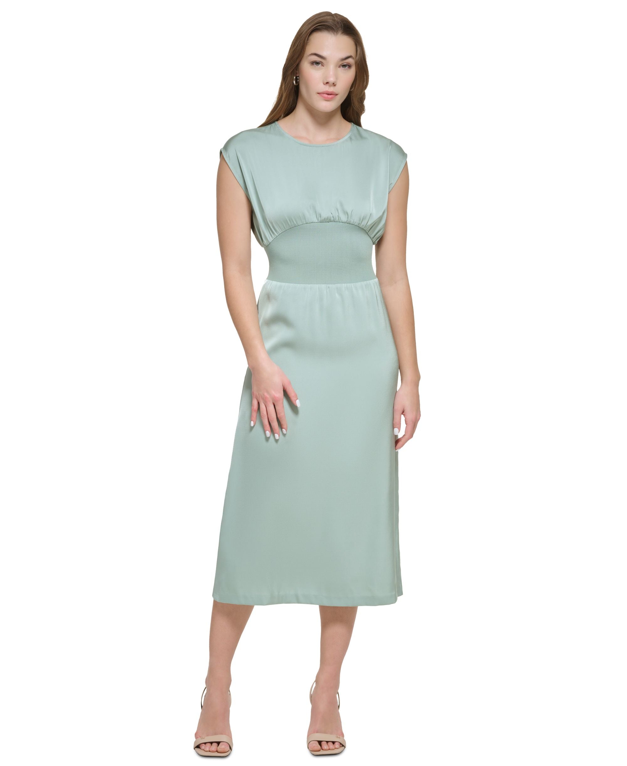 Women's Cinch Waist Sleeveless Satin Midi Dress