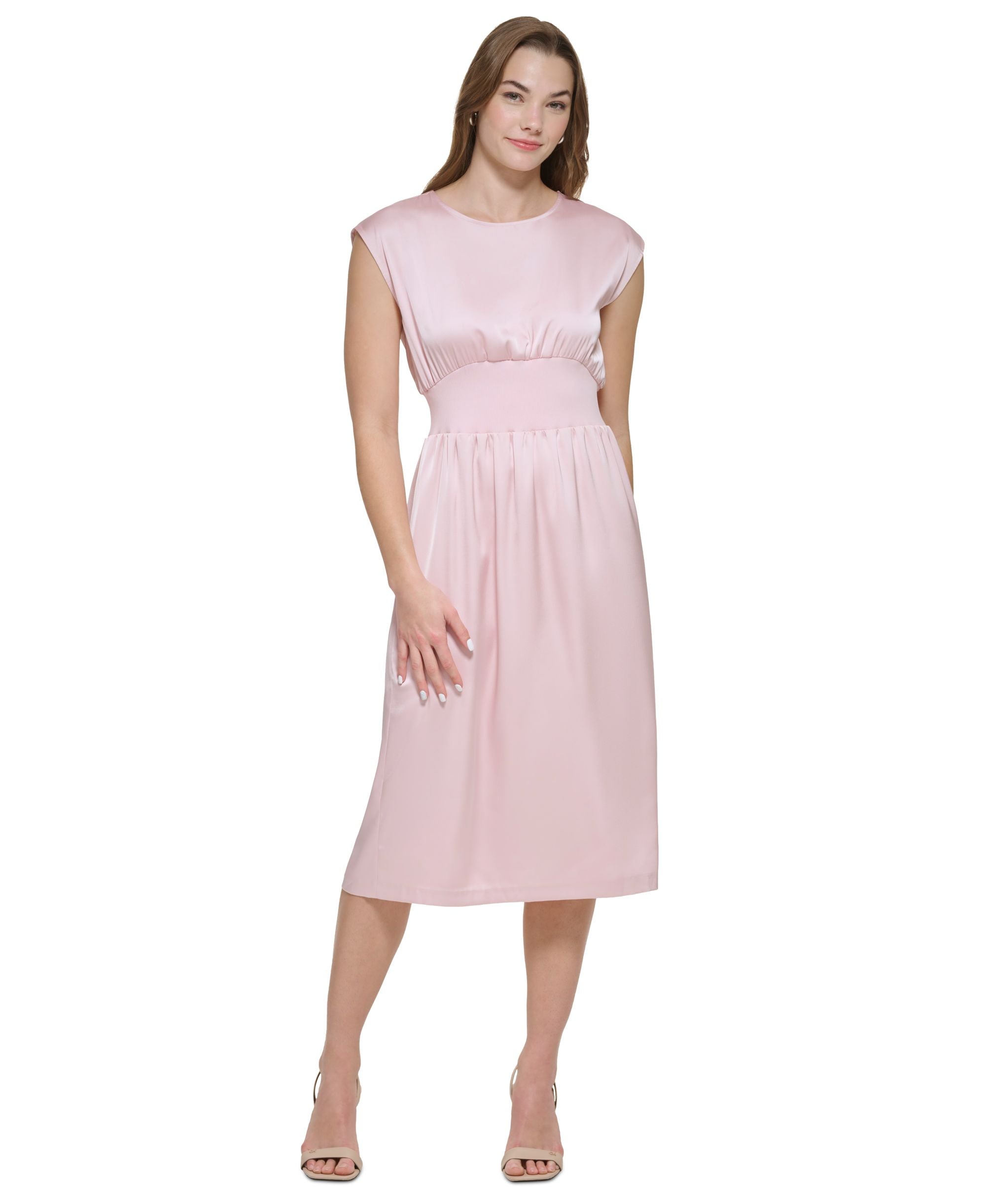 Women's Cinch Waist Sleeveless Satin Midi Dress