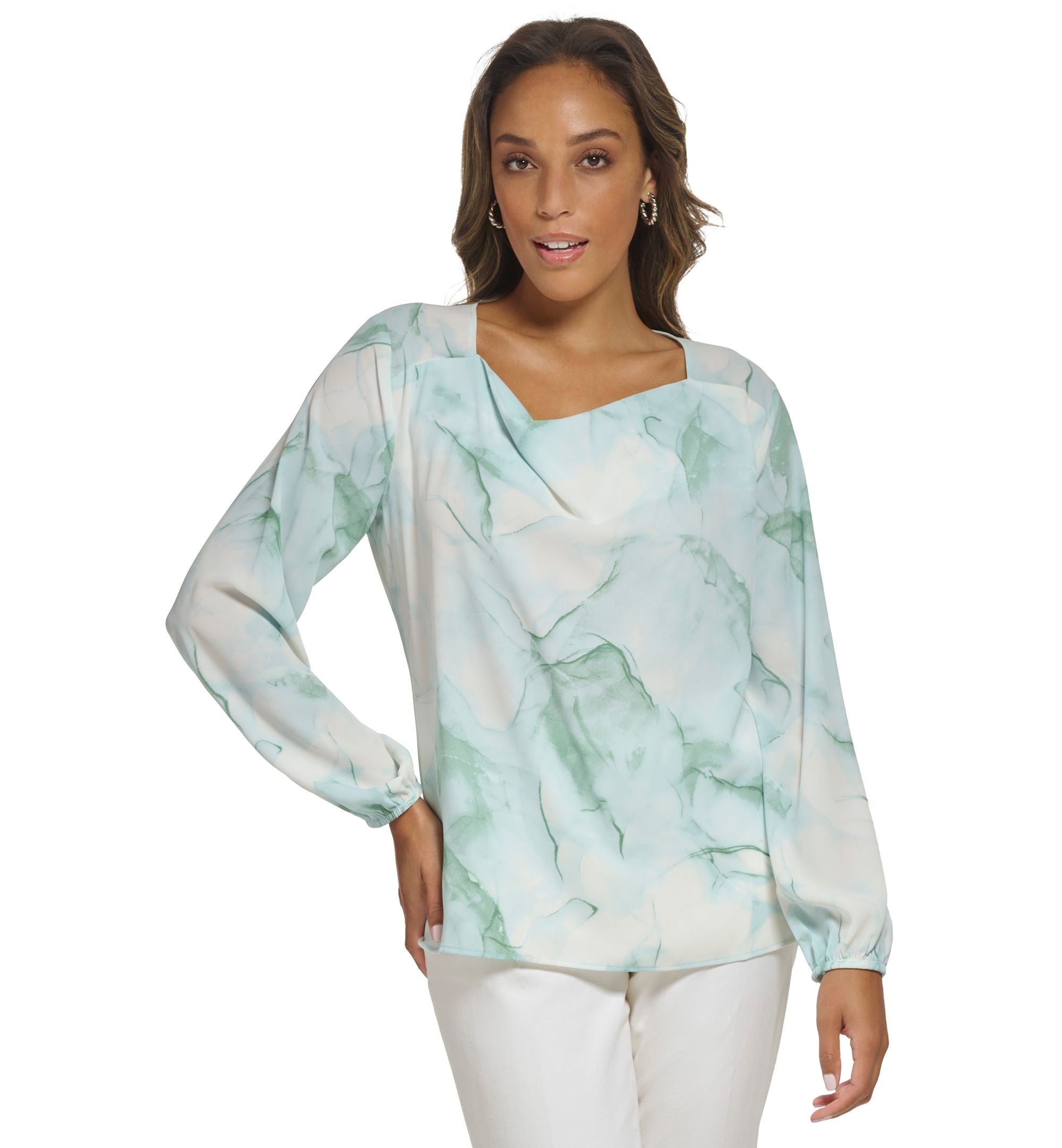 Women's Marble-Print Cowl Neck Top