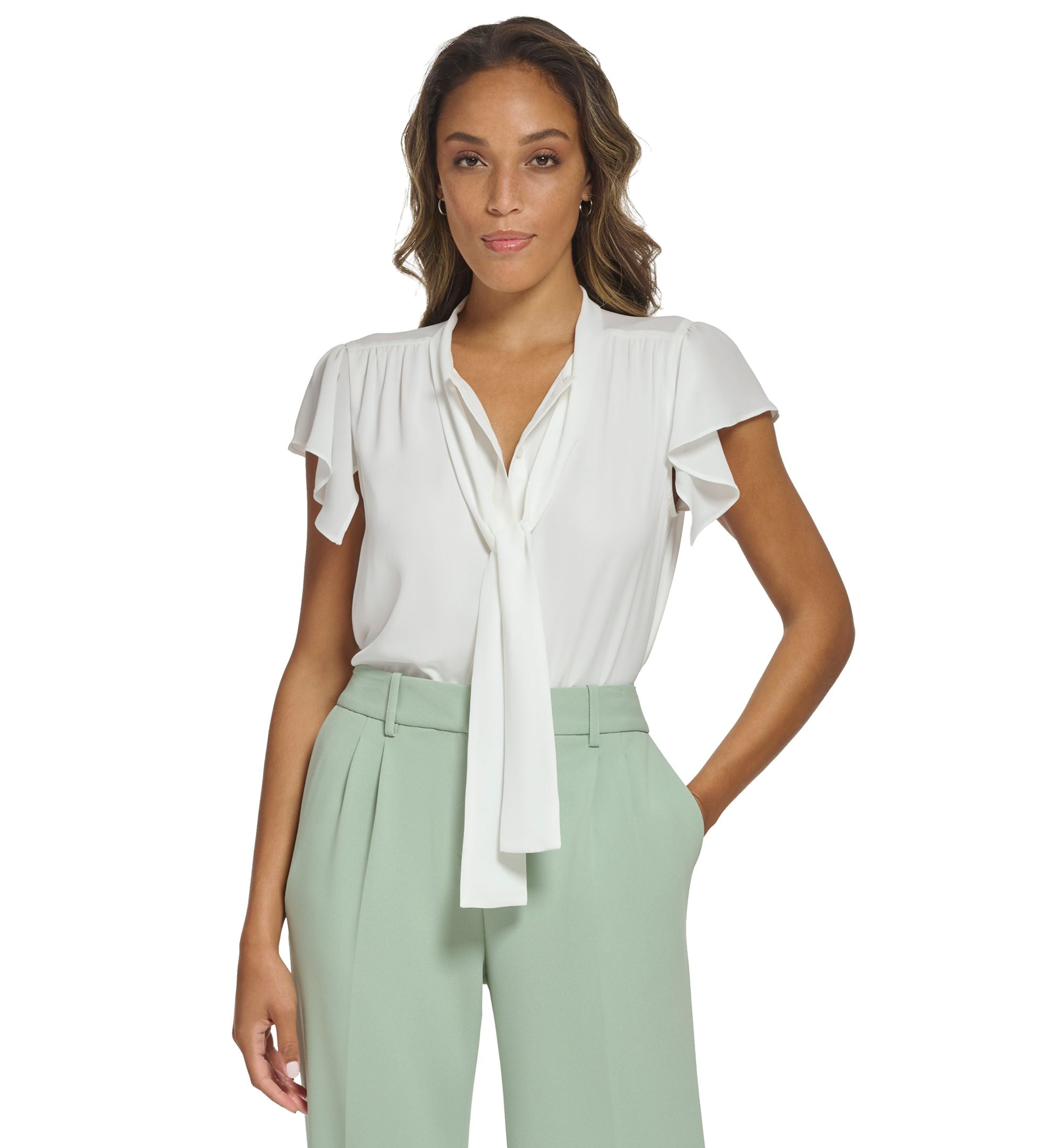 Women's Ruffle Cap Sleeve Tie Neck Blouse