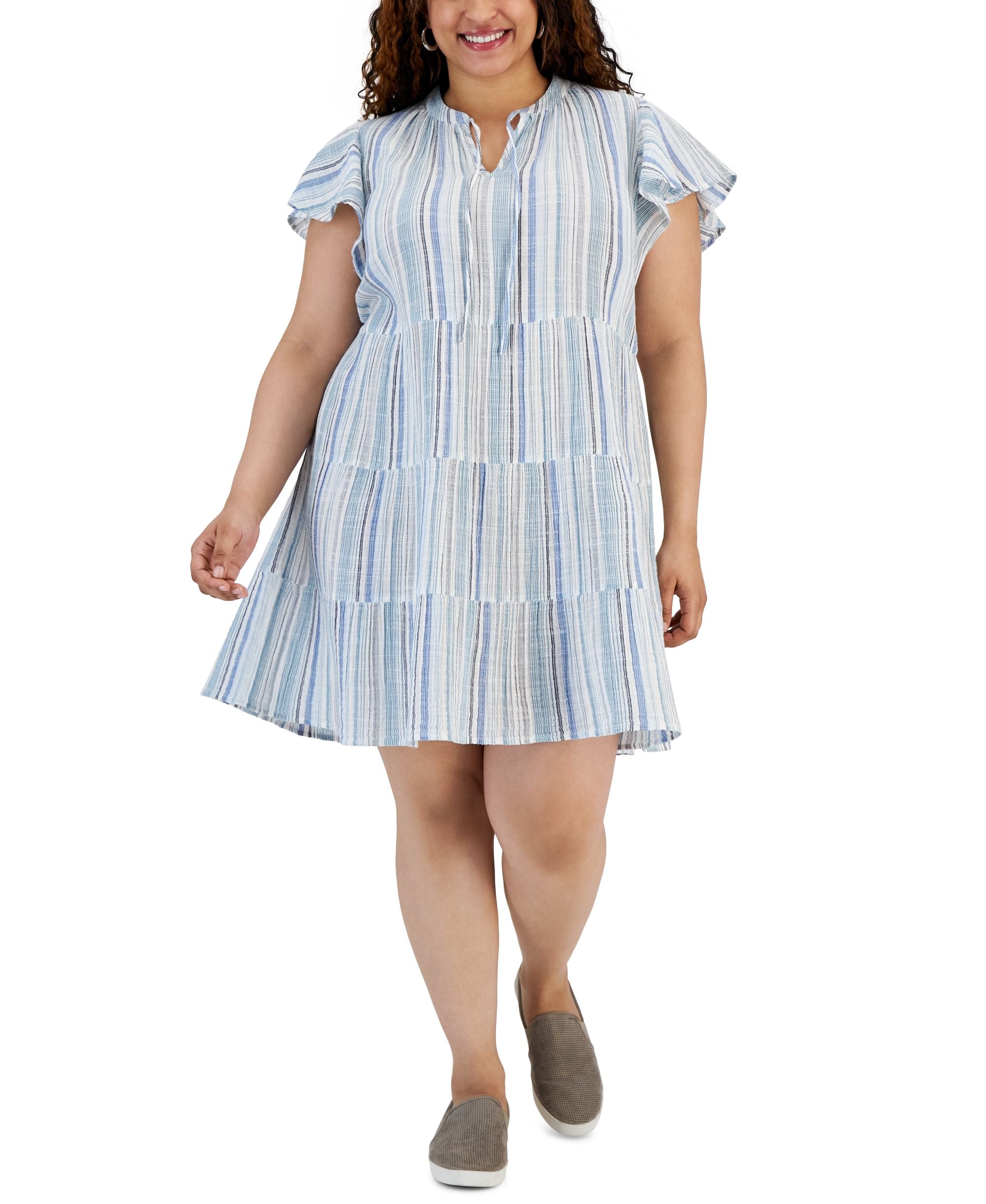 Plus Size Printed Cotton Tiered Shirt Dress