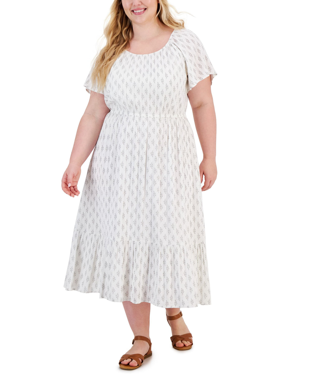 Style & Co Plus Size Printed On Off Ruffle Hem Dress