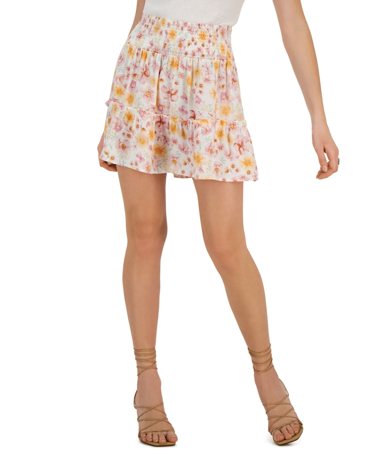 Juniors' Printed Smocked-Waist Mini Skirt