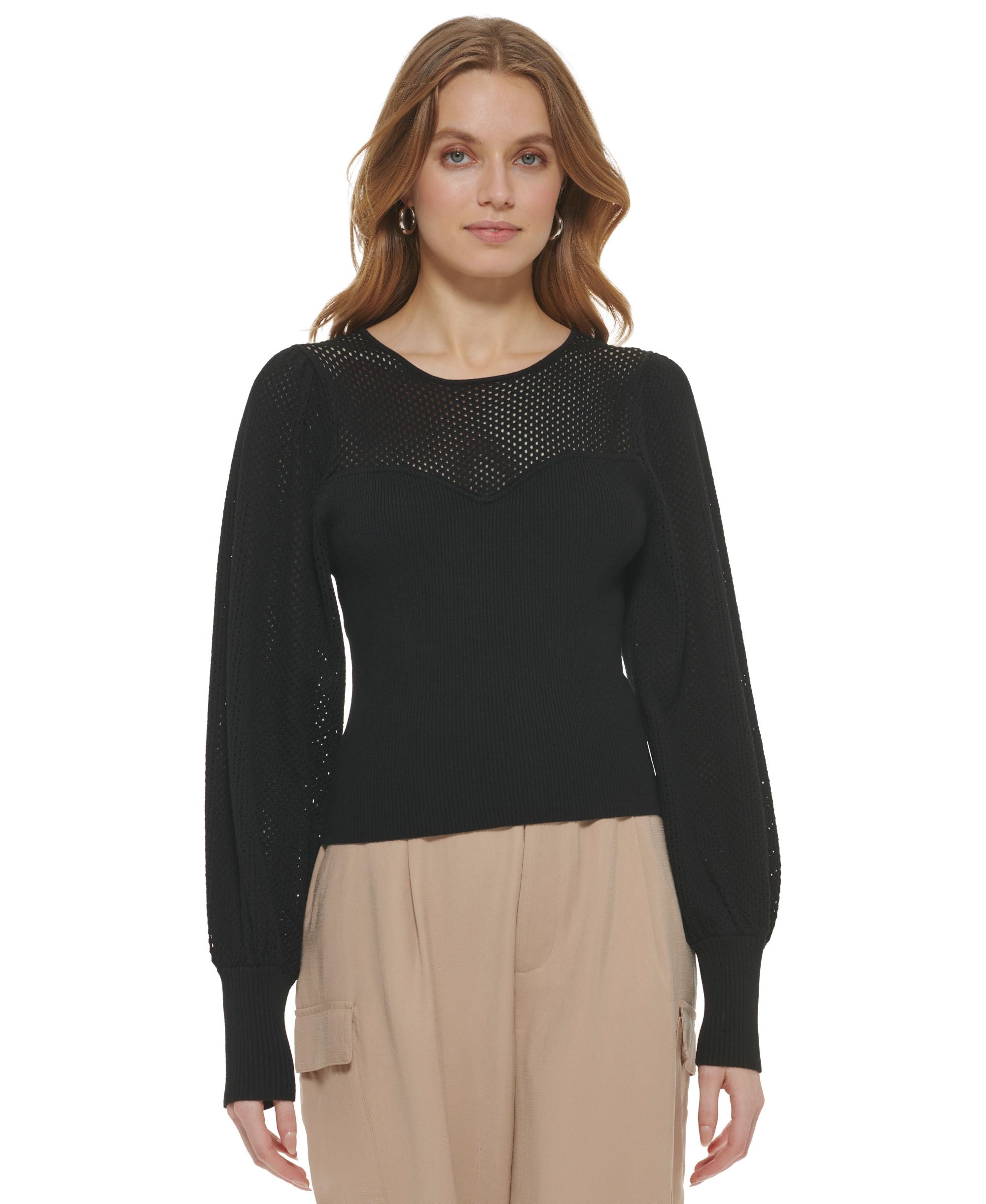 Women's Long-Puff-Sleeve Scoop-Neck Sheer-Detail Sweater
