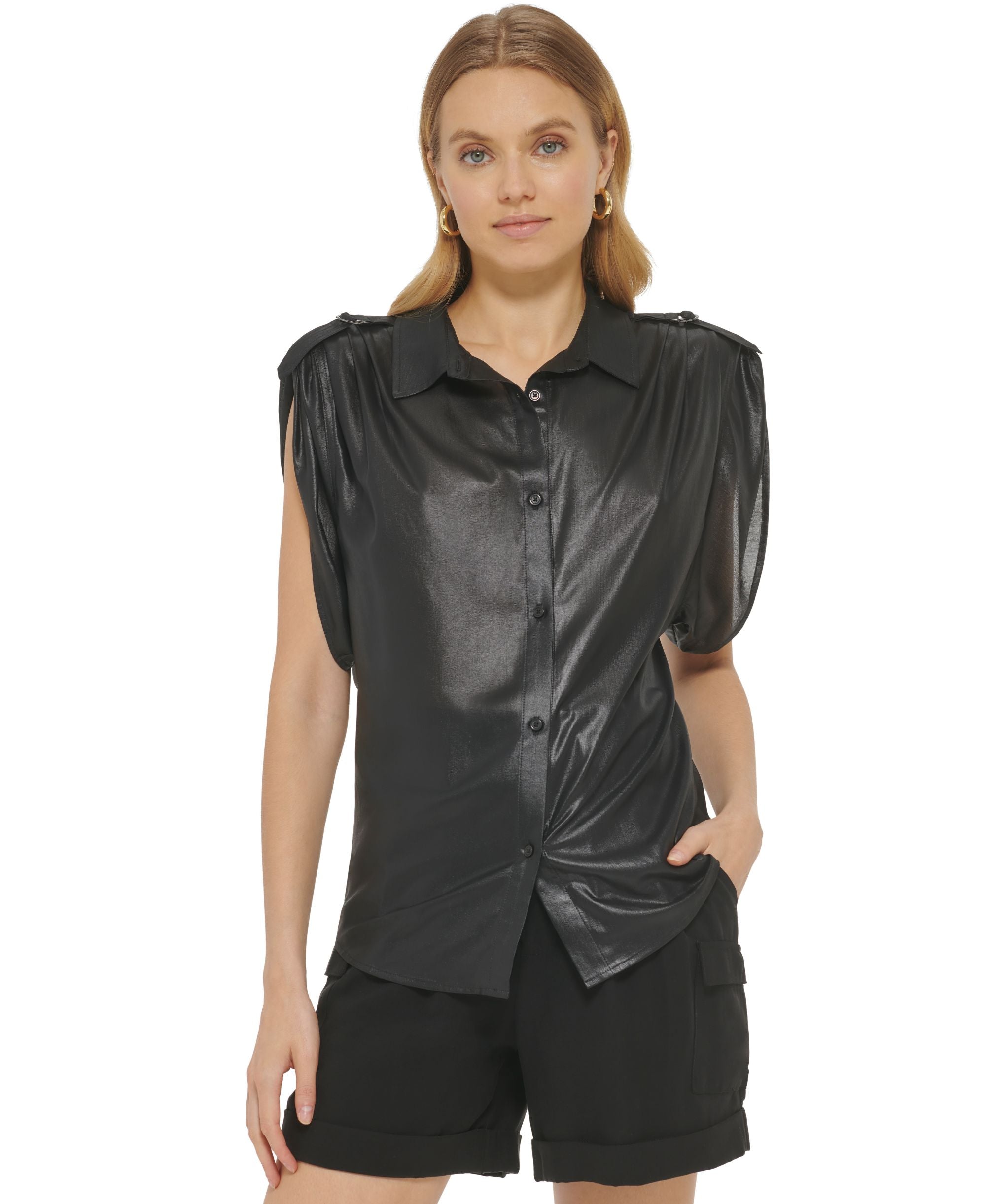 Women's Faux-Leather Button-Up Short-Sleeve Shirt