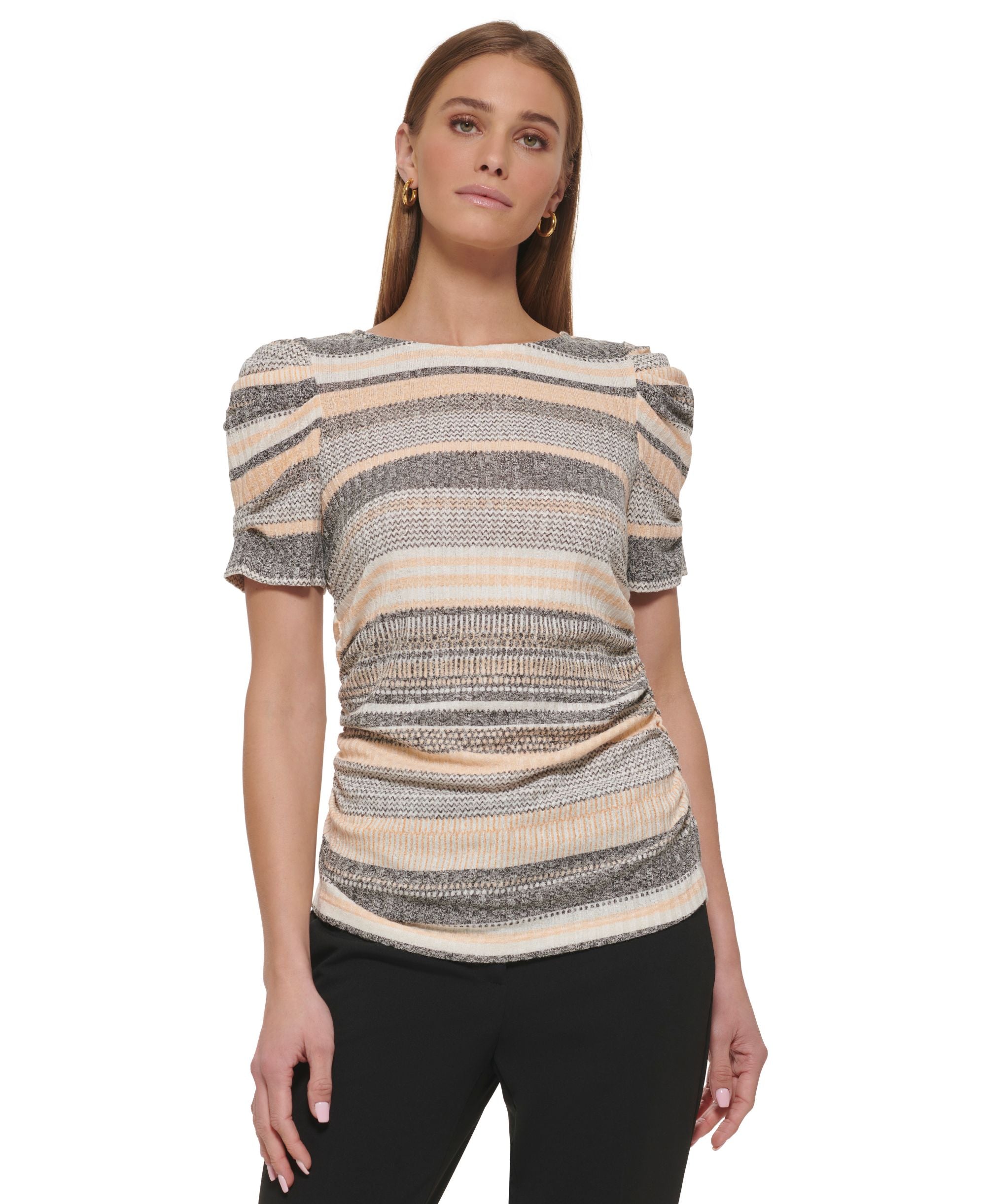 Women's Striped Puff-Sleeve Crewneck Top