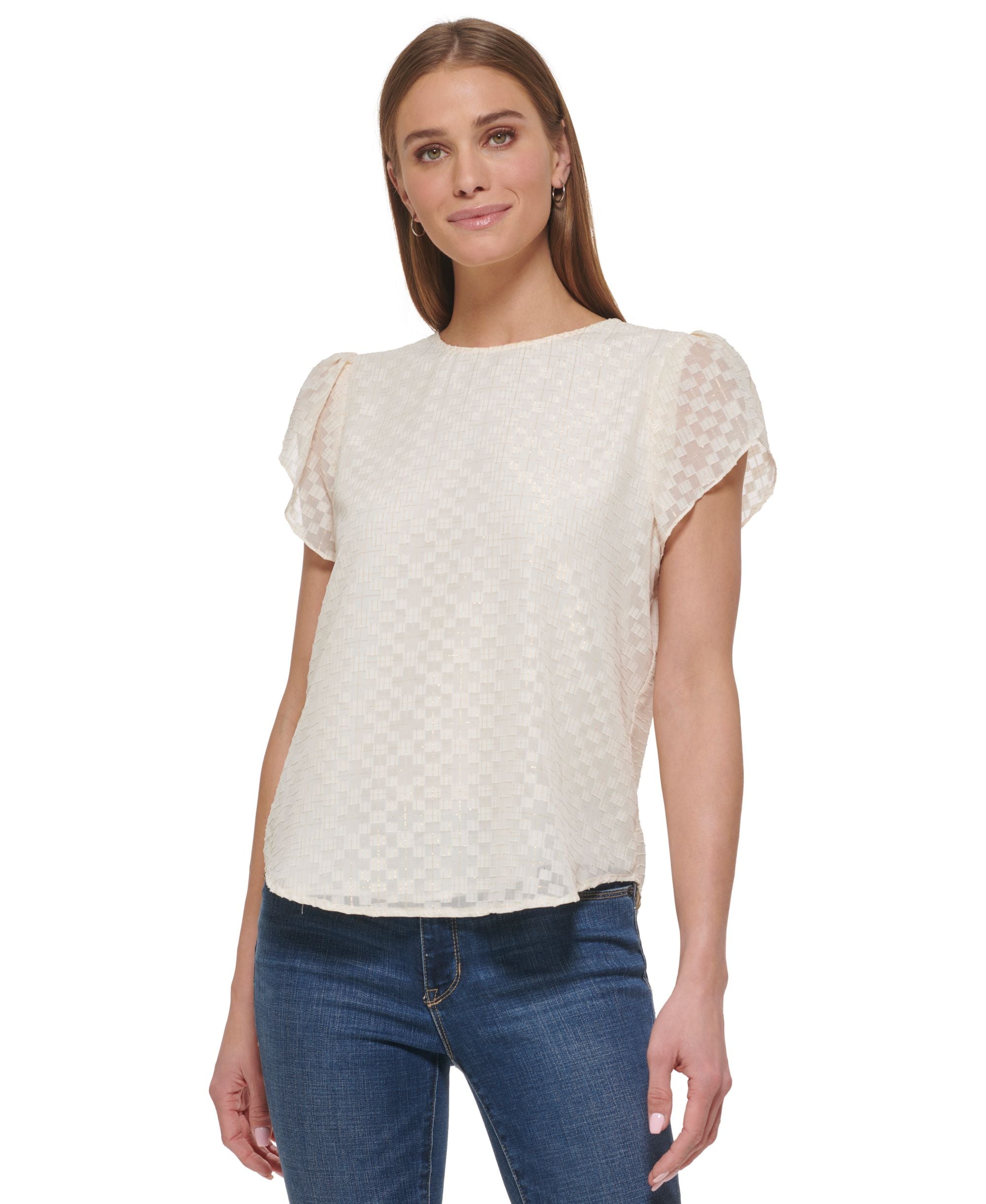 Women's Novelty Textured Flutter-Sleeve Top