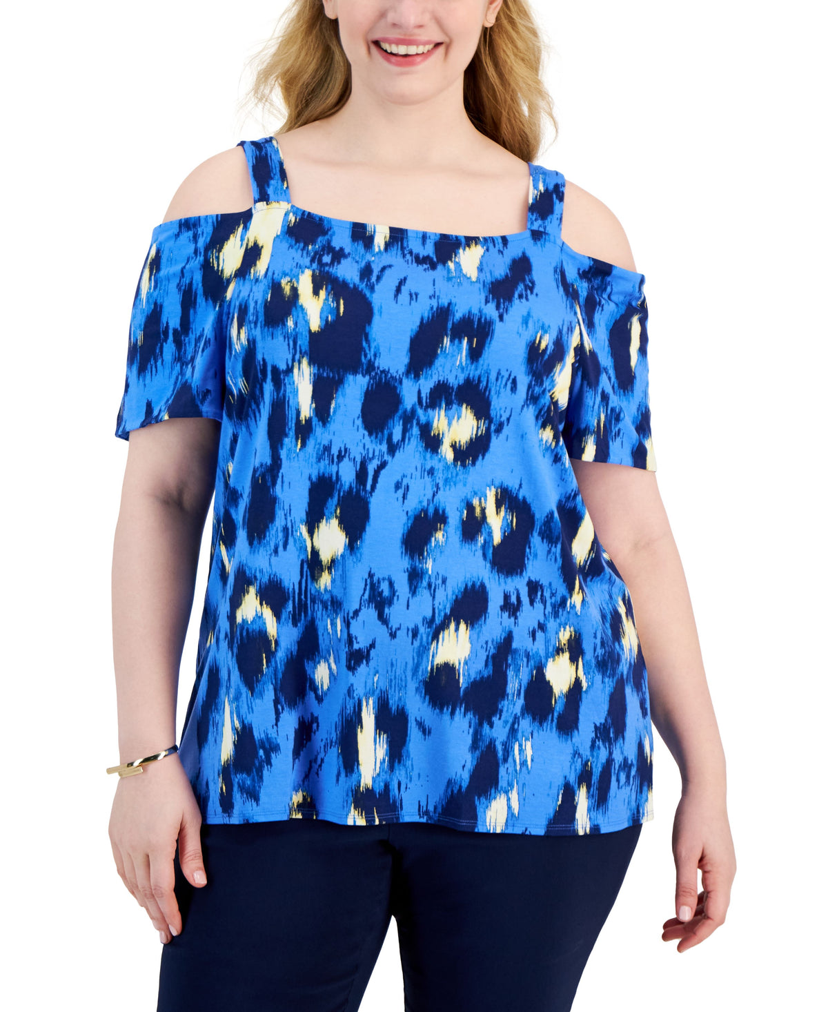 Plus Size Strokes Square-Neck Cold-Shoulder Top