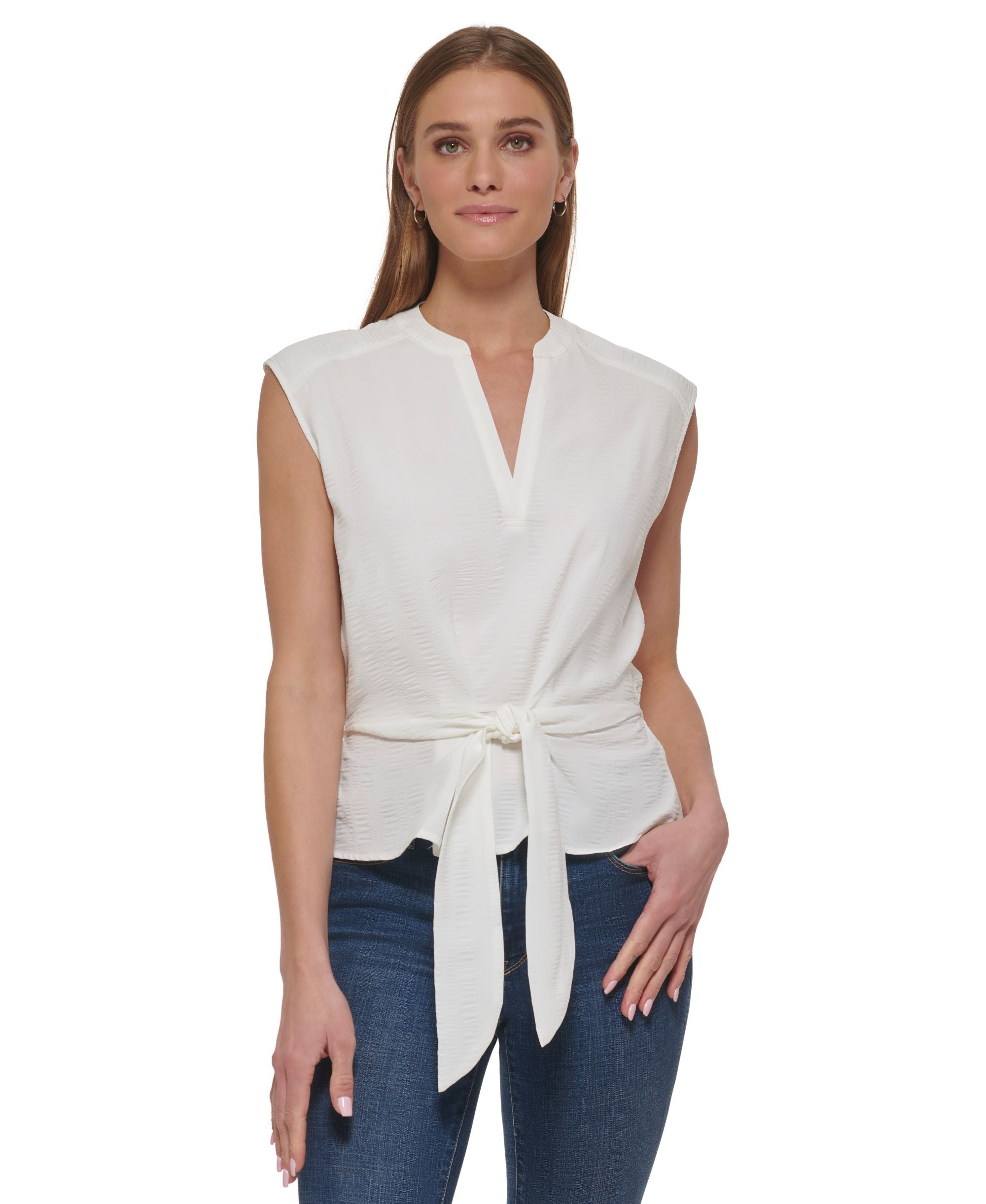 Women's Textured Tie-Front Sleeveless V-Neck Top